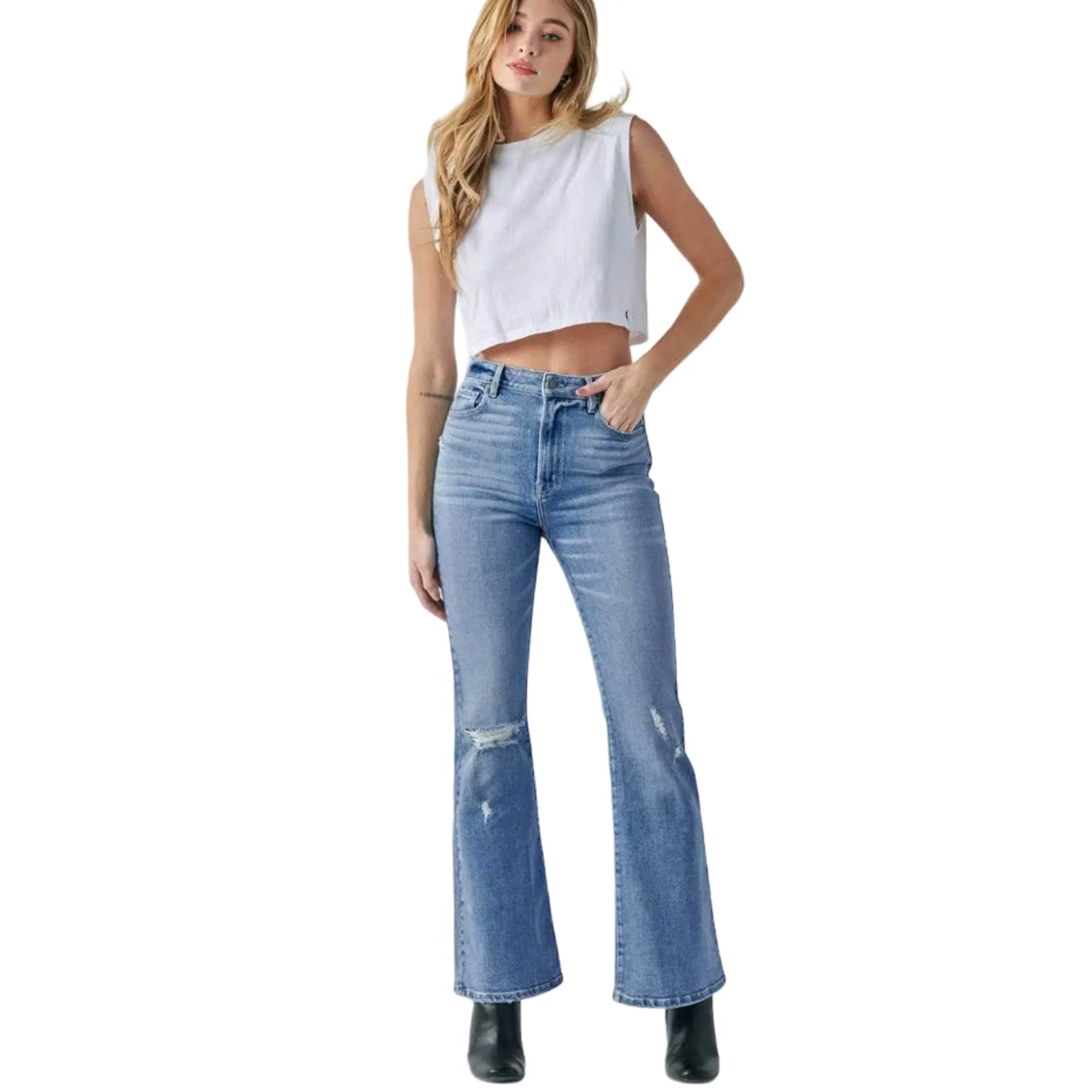 HIDDEN Women's Happi High Rise Distressed Light Wash Denim Flare Jeans