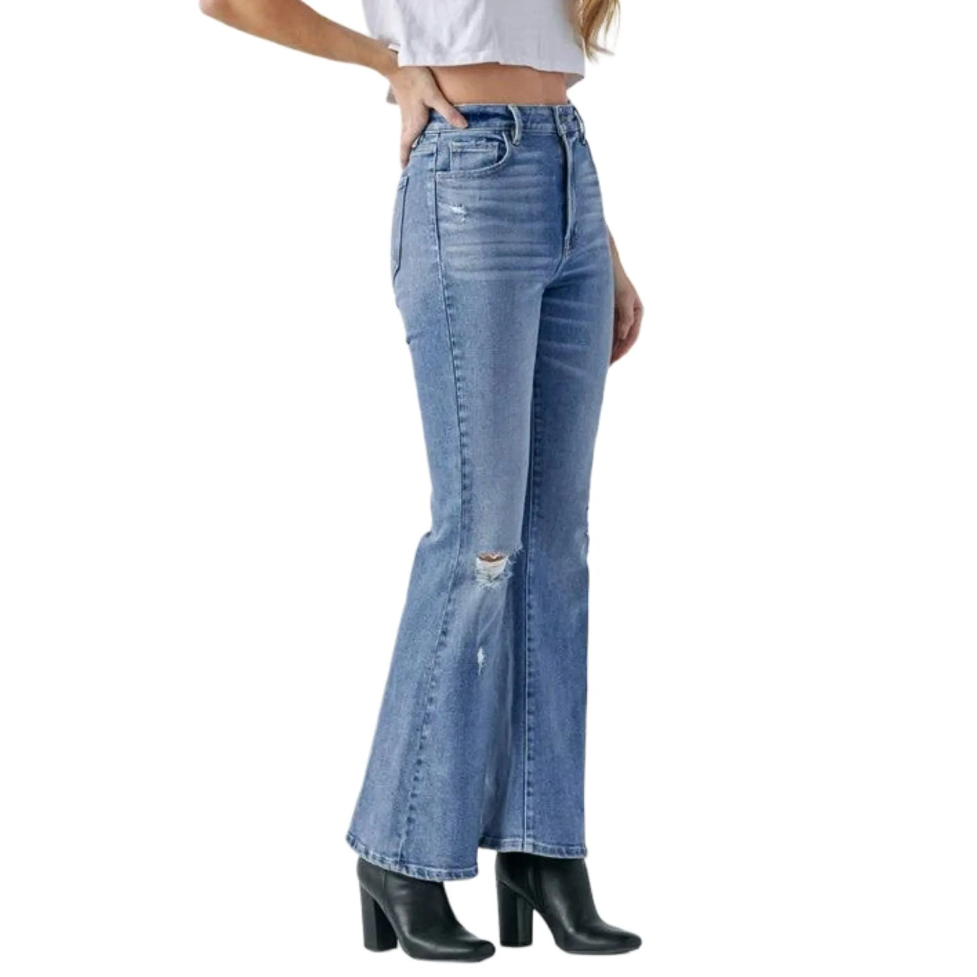 HIDDEN Women's Happi High Rise Distressed Light Wash Denim Flare Jeans