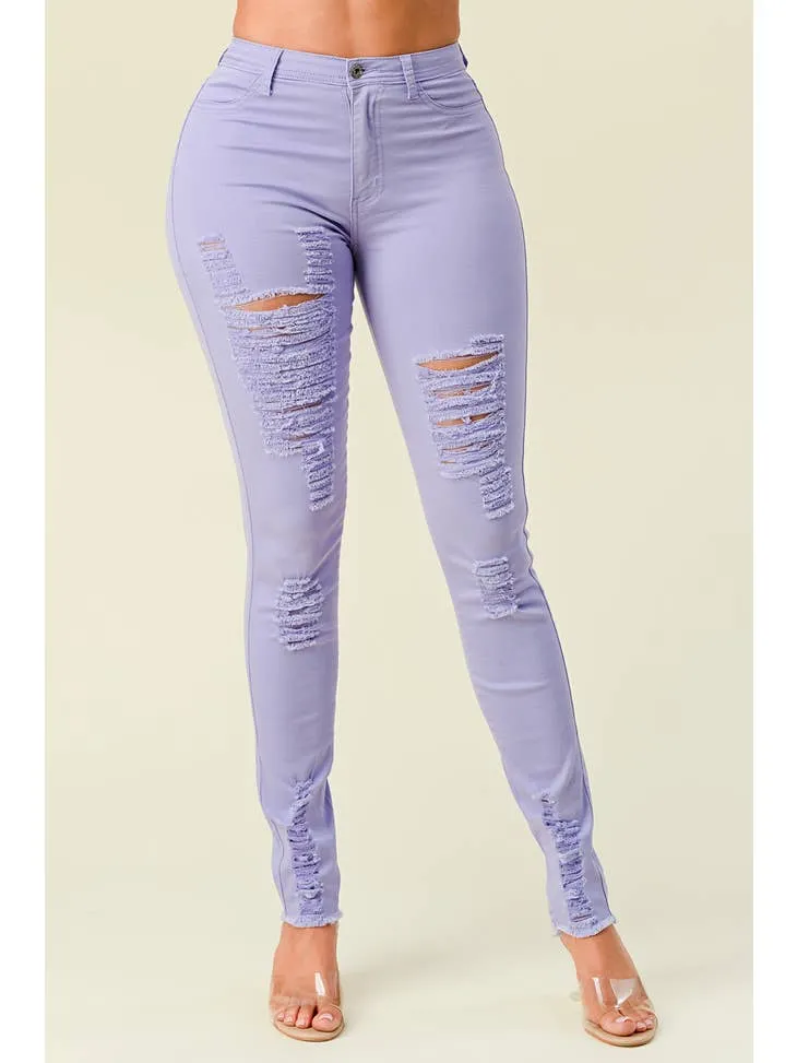 High Waisted Lavender Color Distressed Skinny Jeans