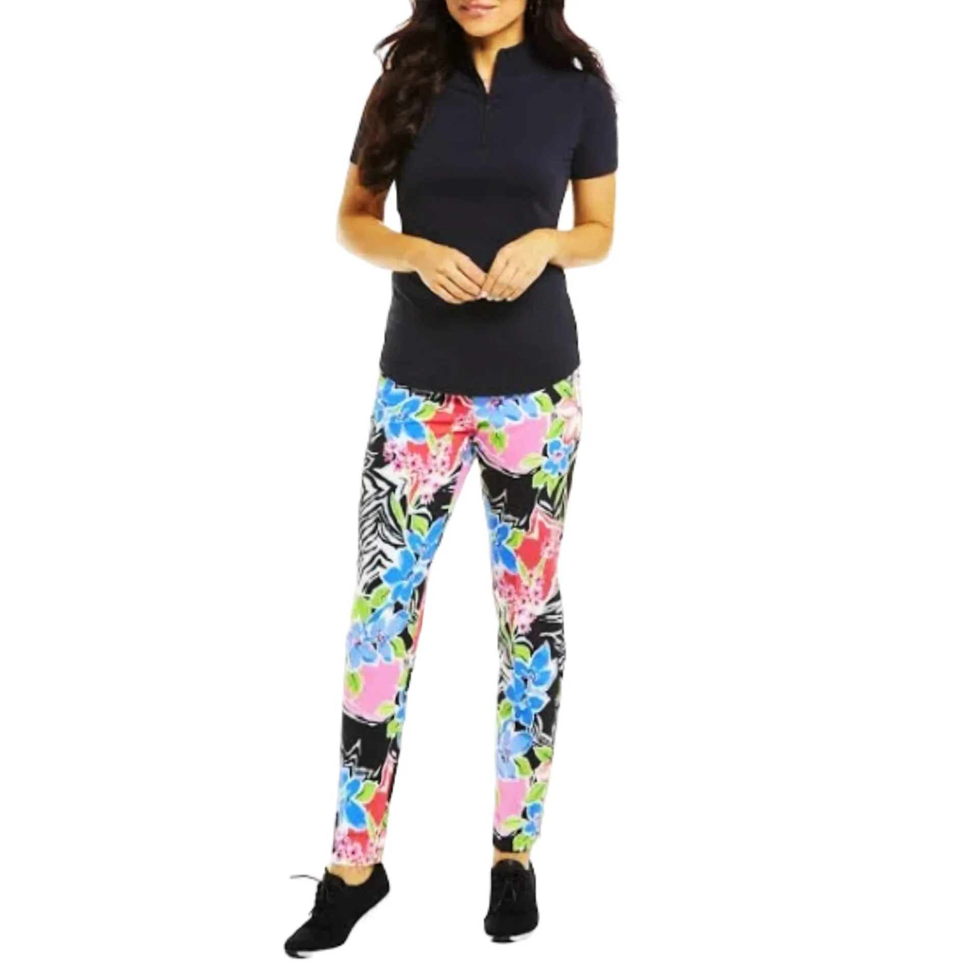 IBKUL Women's Amelia Floral Print High Rise Tummy-control UPF 50  Ankle Pants