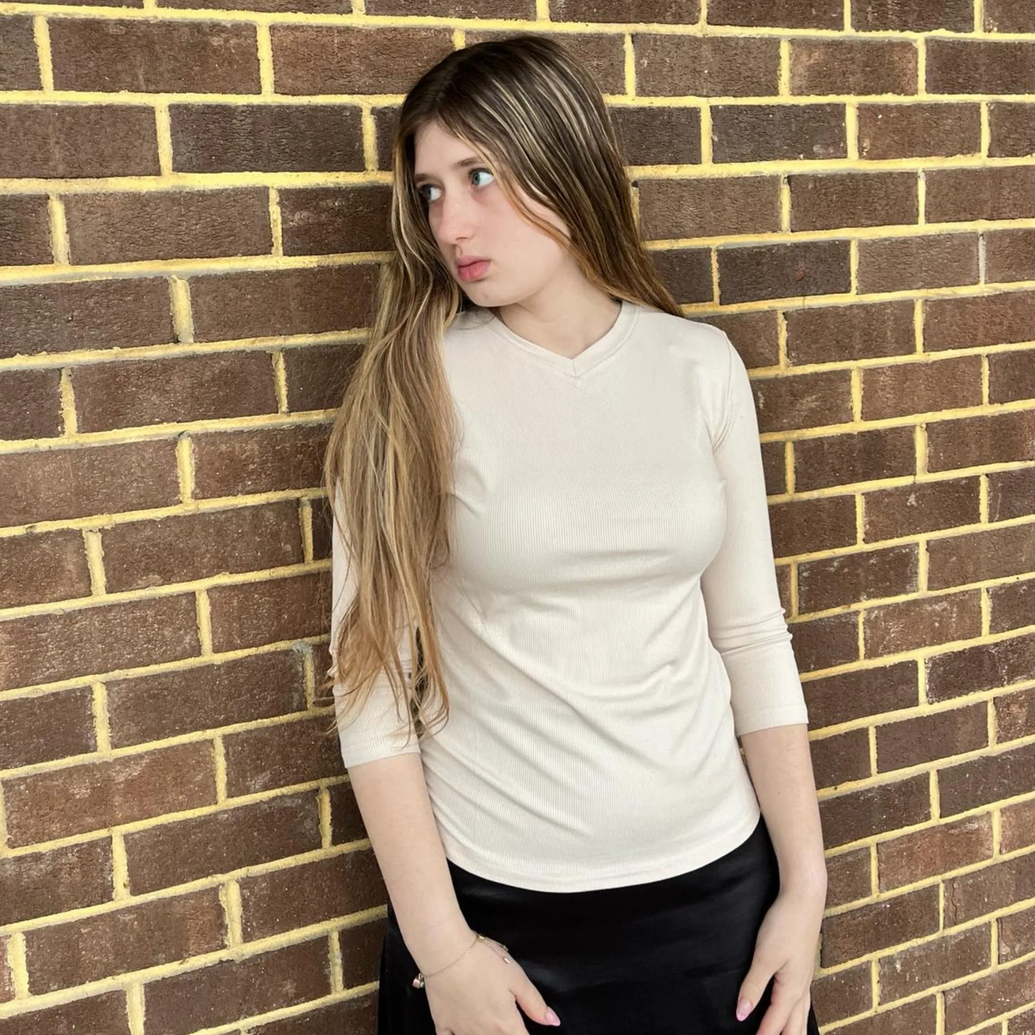 Ivory Microribbed V Neck Tee