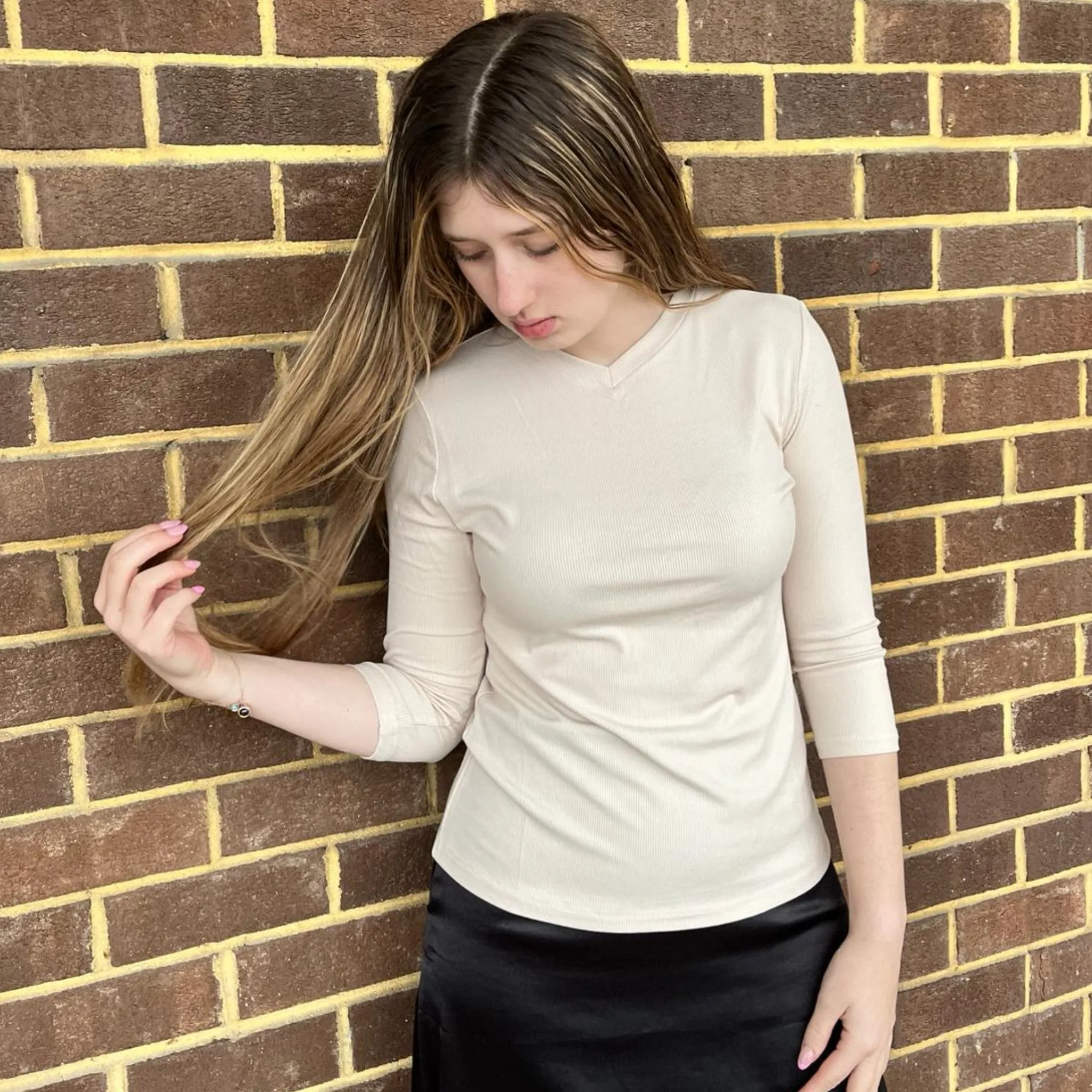 Ivory Microribbed V Neck Tee