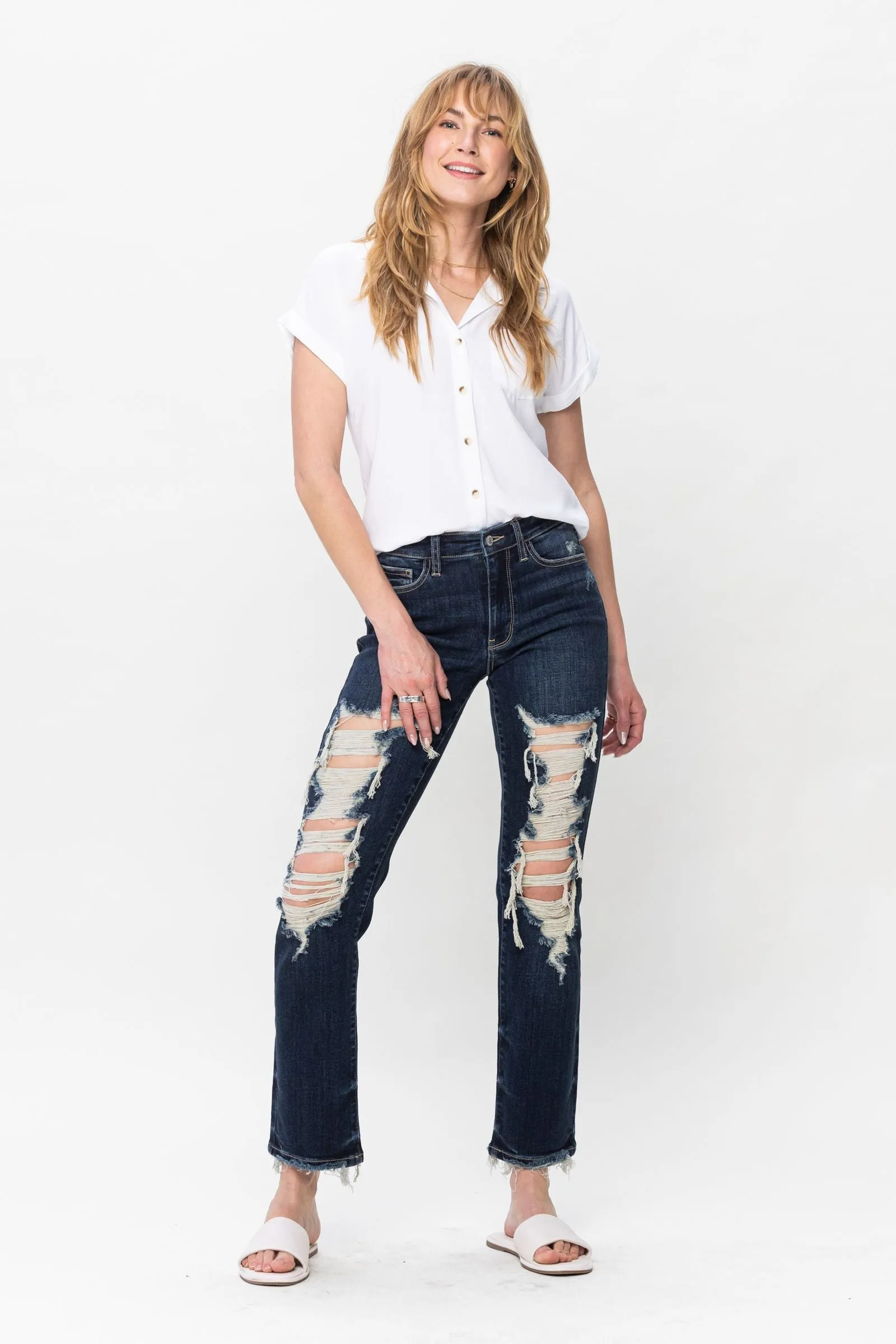 Judy Blue Mid Rise Heavy Destroyed Straight Leg Jeans