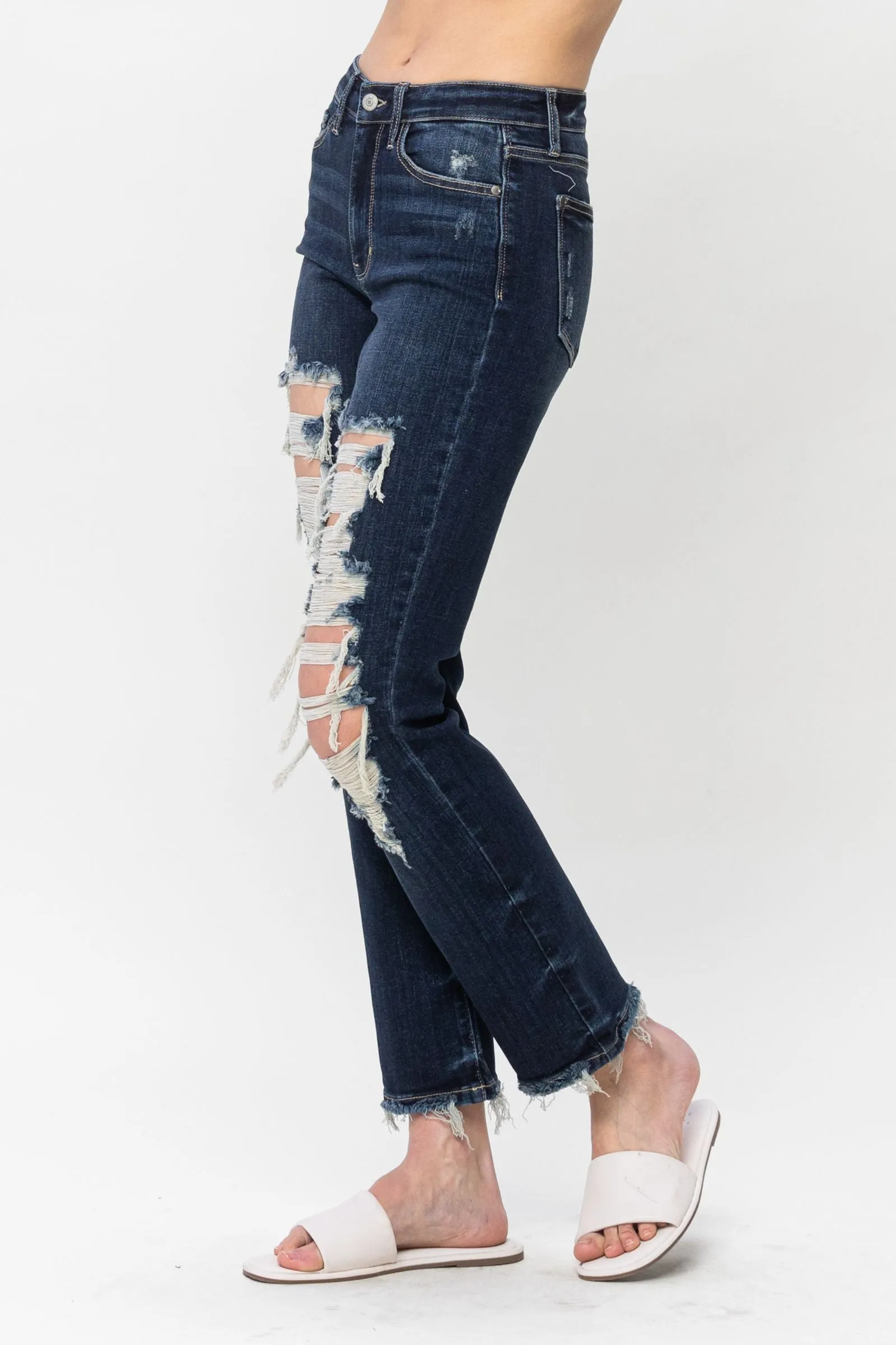 Judy Blue Mid Rise Heavy Destroyed Straight Leg Jeans