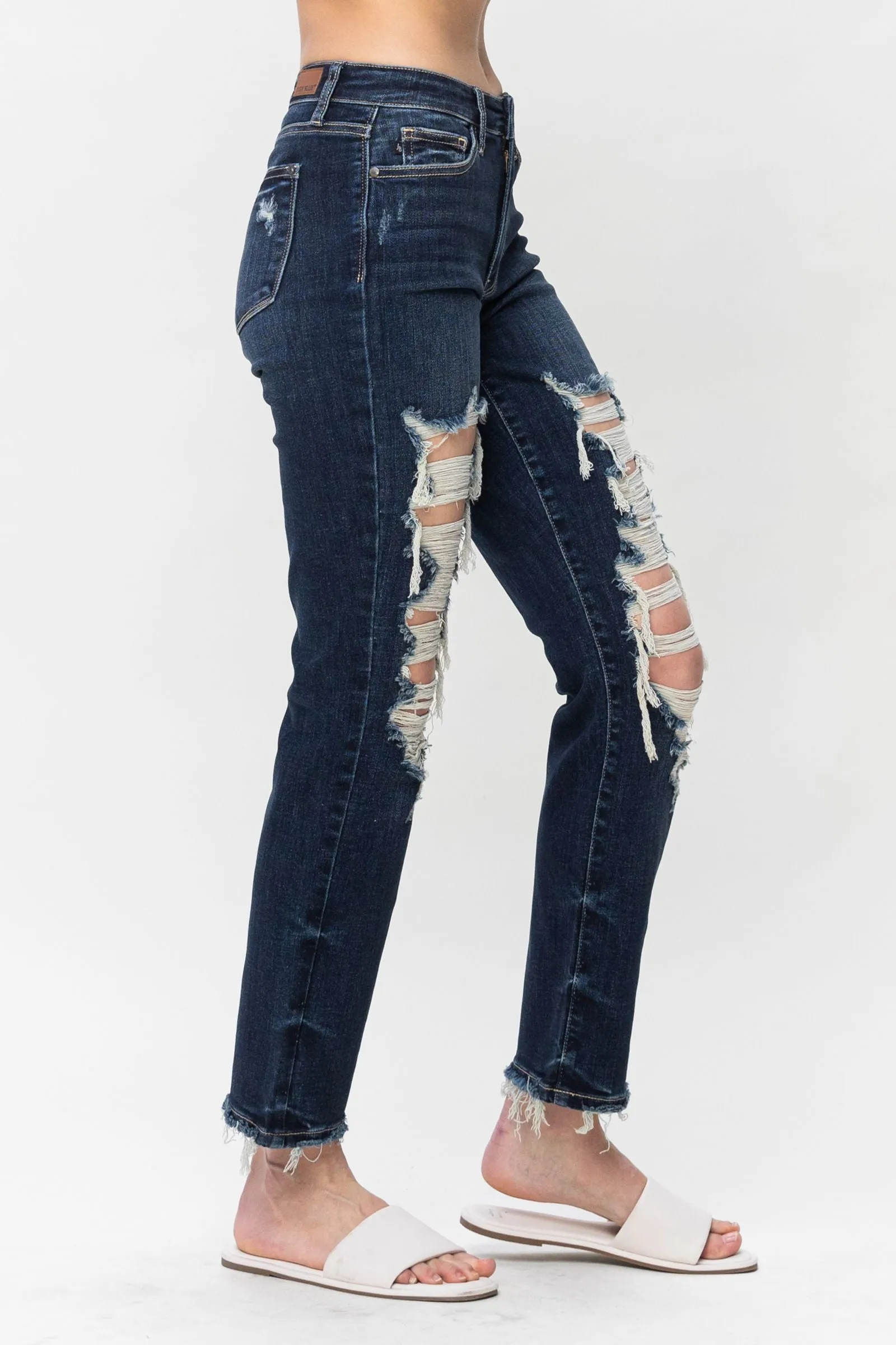 Judy Blue Mid Rise Heavy Destroyed Straight Leg Jeans