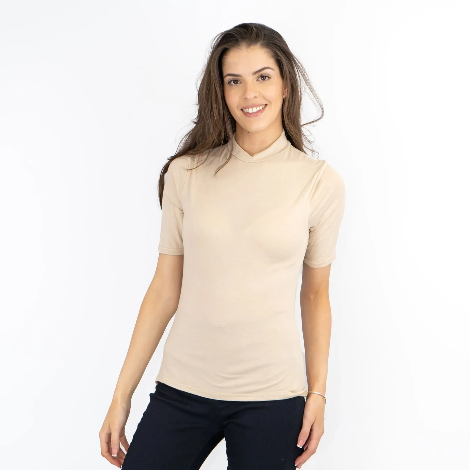 Karen Millen Beige Short Sleeve Jersey Funnel Neck Top