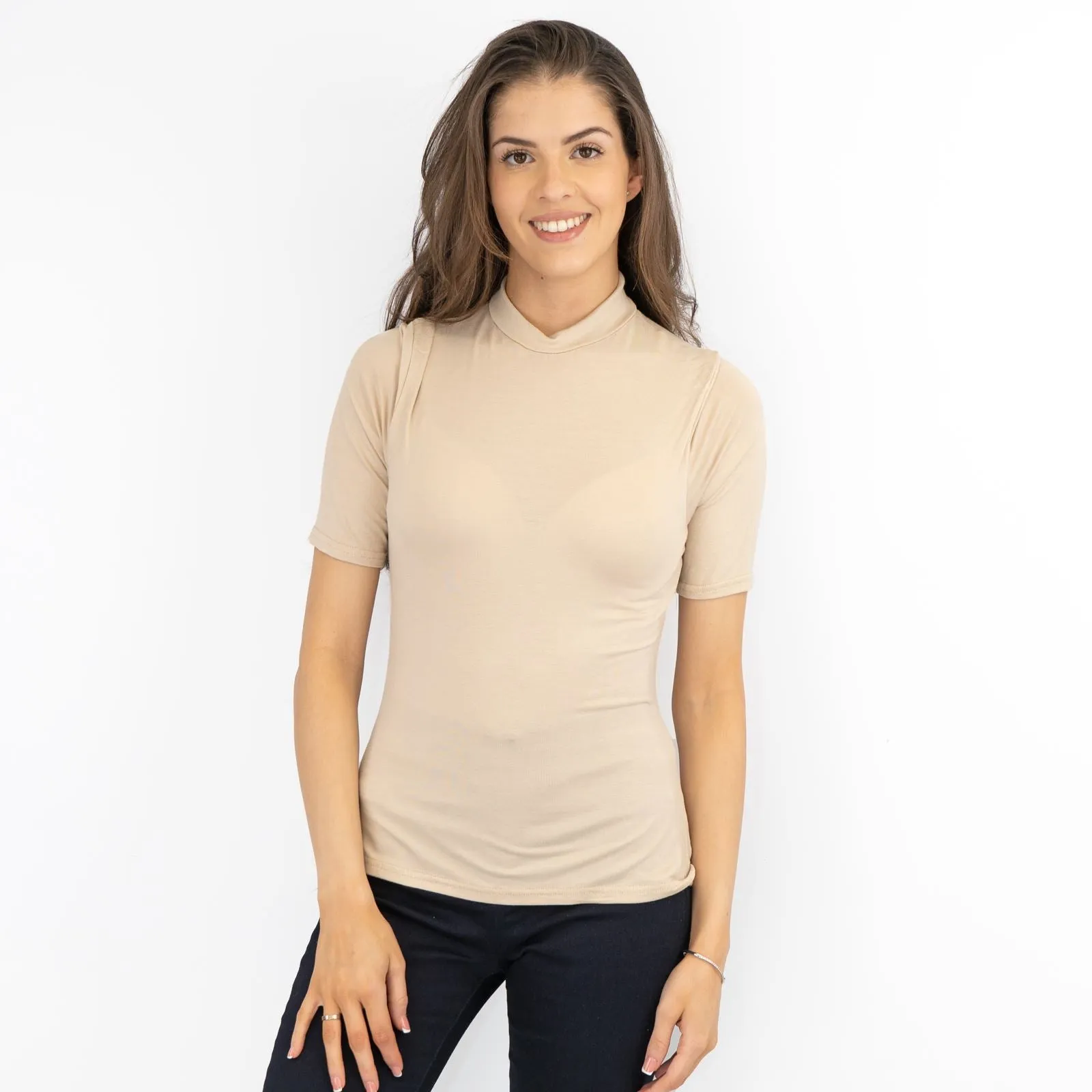 Karen Millen Beige Short Sleeve Jersey Funnel Neck Top