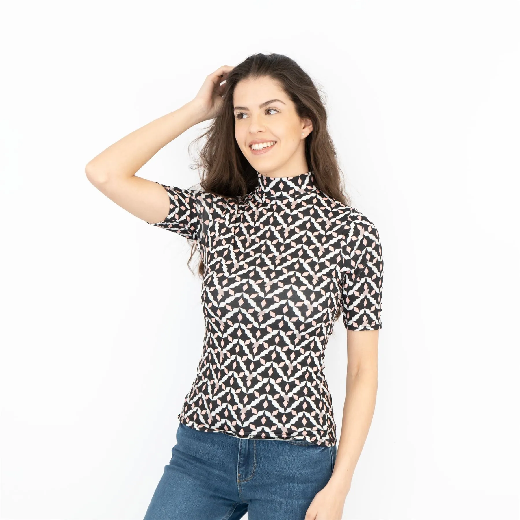 Karen Millen Black Geometric Print High Neck Short Sleeve Tops