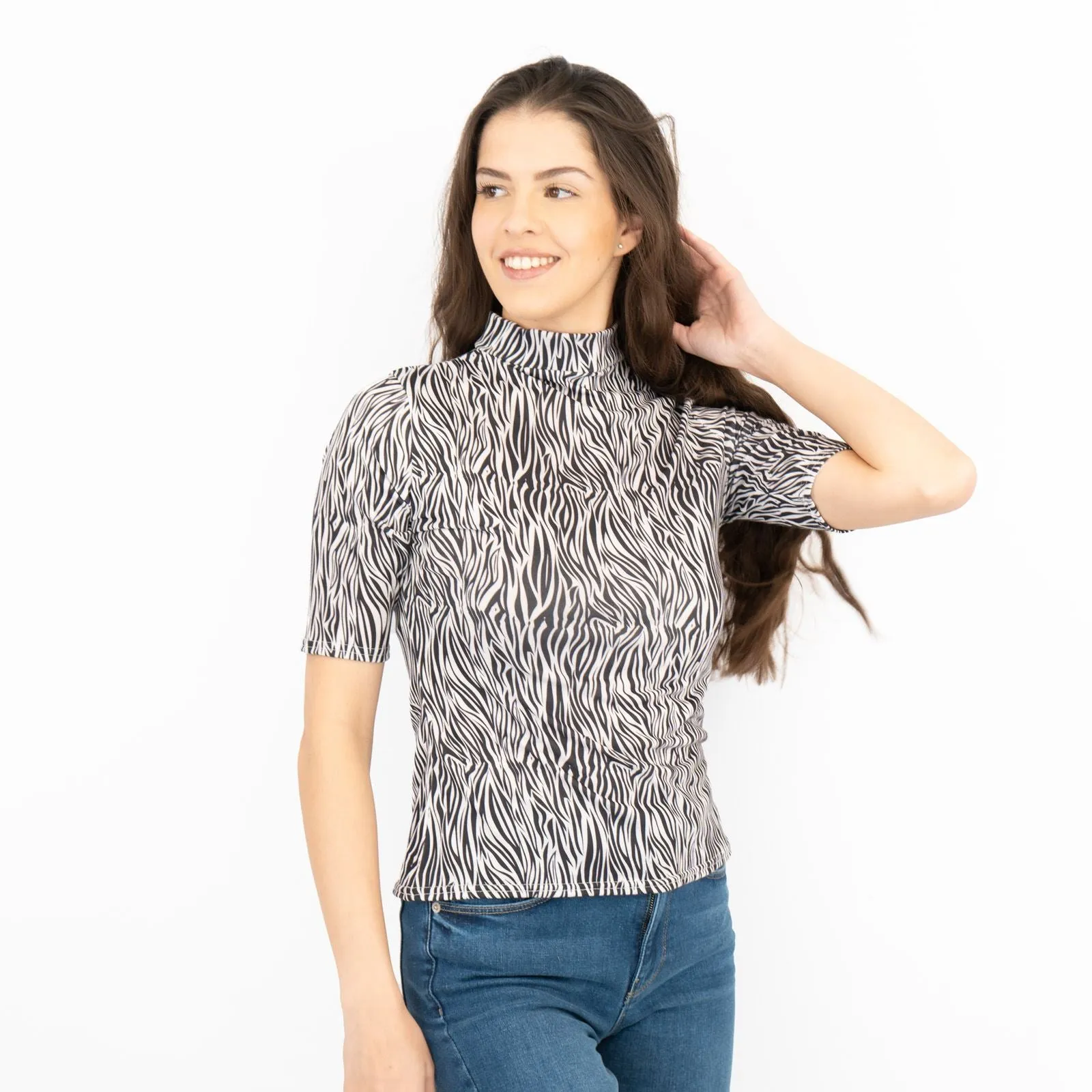 Karen Millen Black White Animal Print Short Sleeve Tops