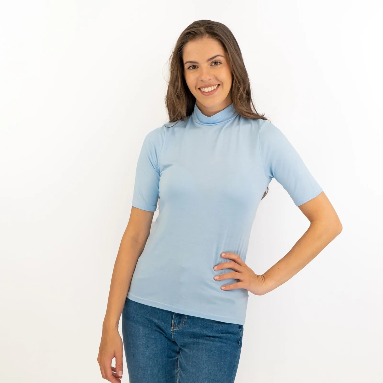 Karen Millen Blue Short Sleeve Jersey Funnel Neck Top