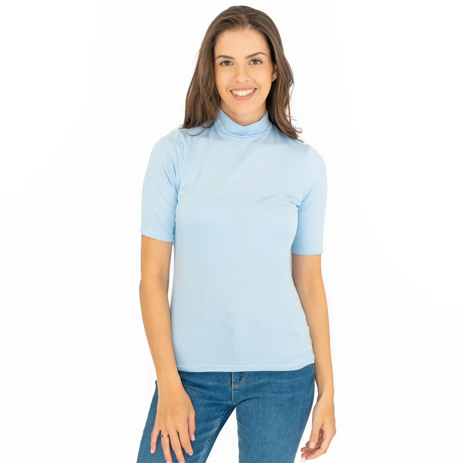 Karen Millen Blue Short Sleeve Jersey Funnel Neck Top