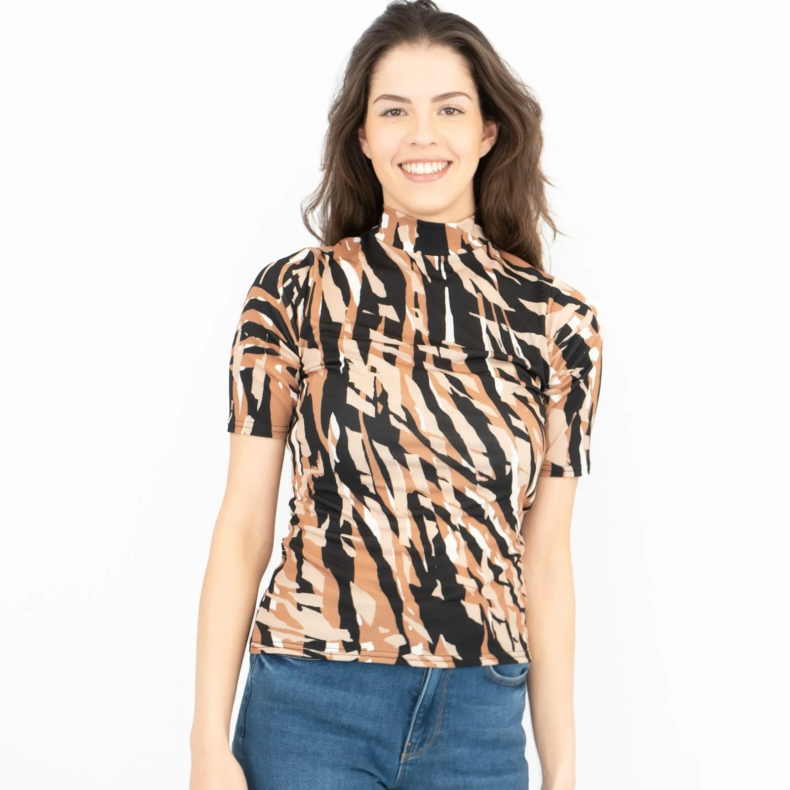 Karen Millen Brown Abstract Print Short Sleeve High Neck Tops