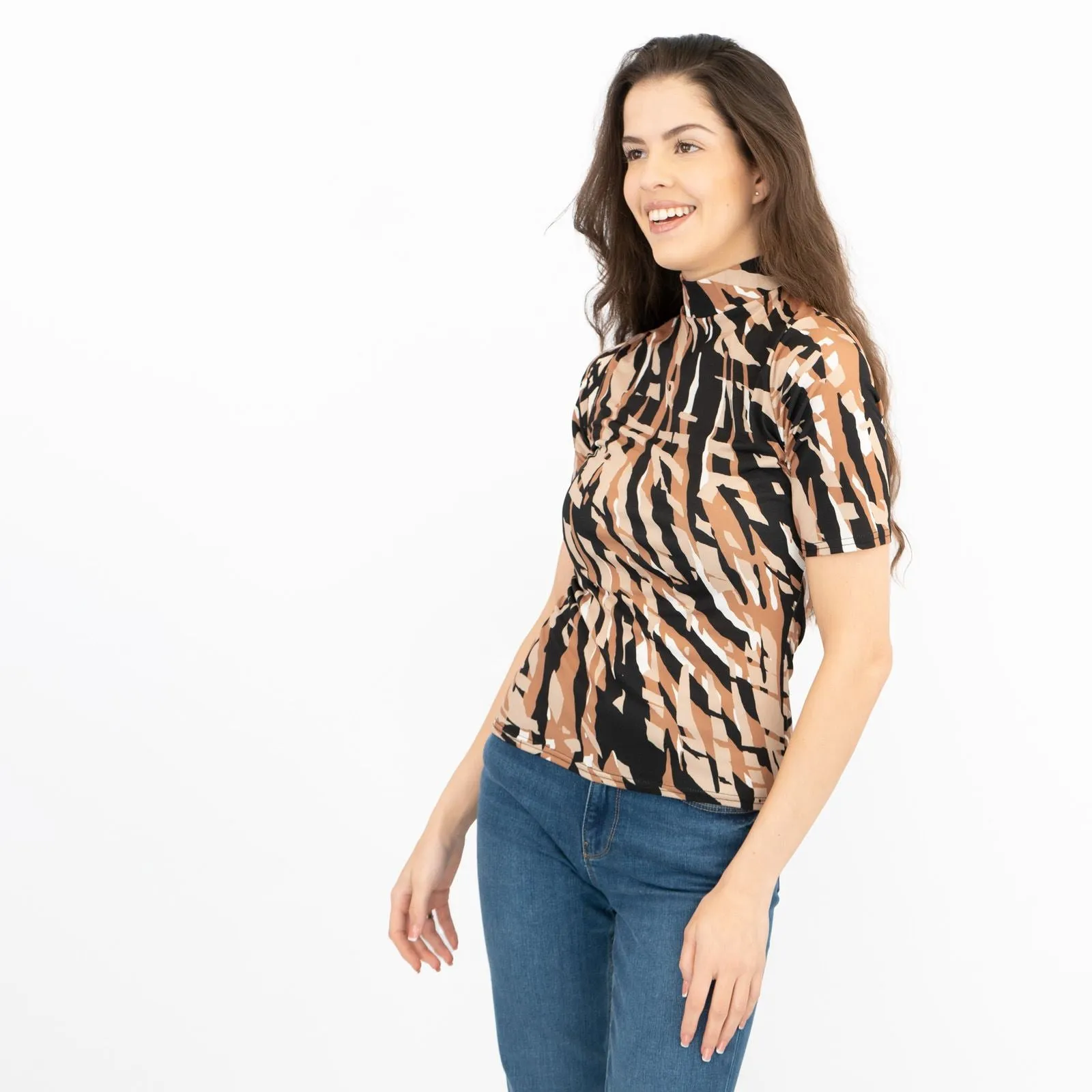 Karen Millen Brown Abstract Print Short Sleeve High Neck Tops