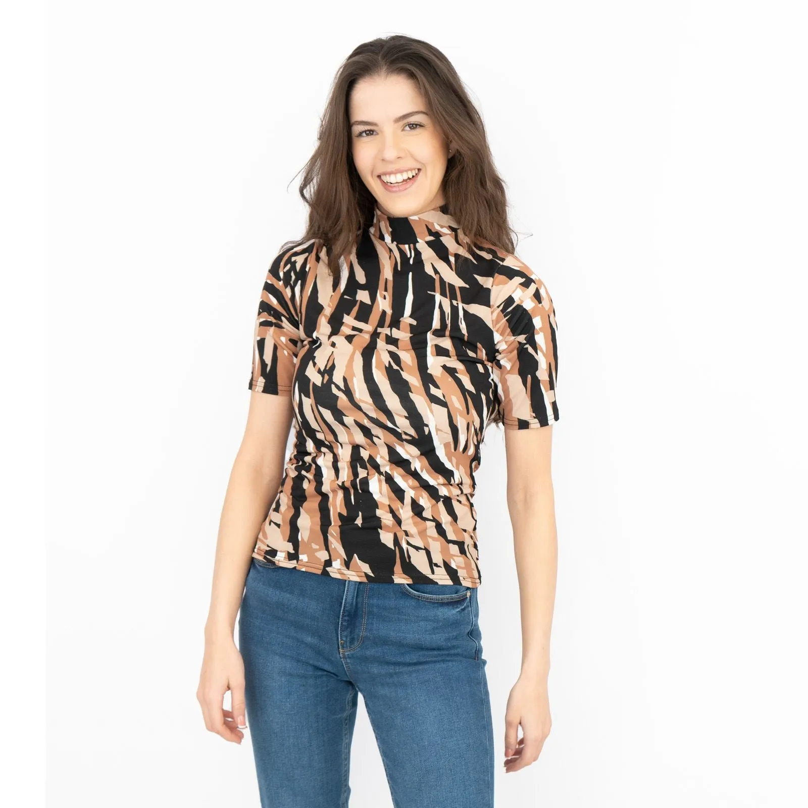 Karen Millen Brown Abstract Print Short Sleeve High Neck Tops