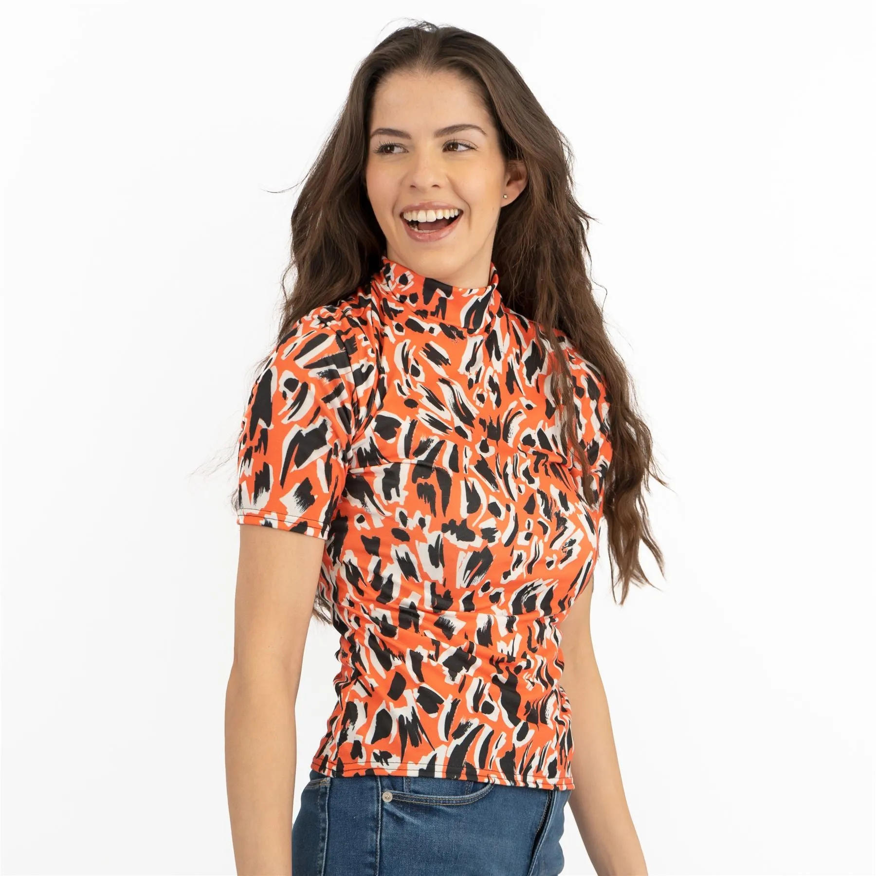 Karen Millen Orange Print Short Sleeve High Neck Tops