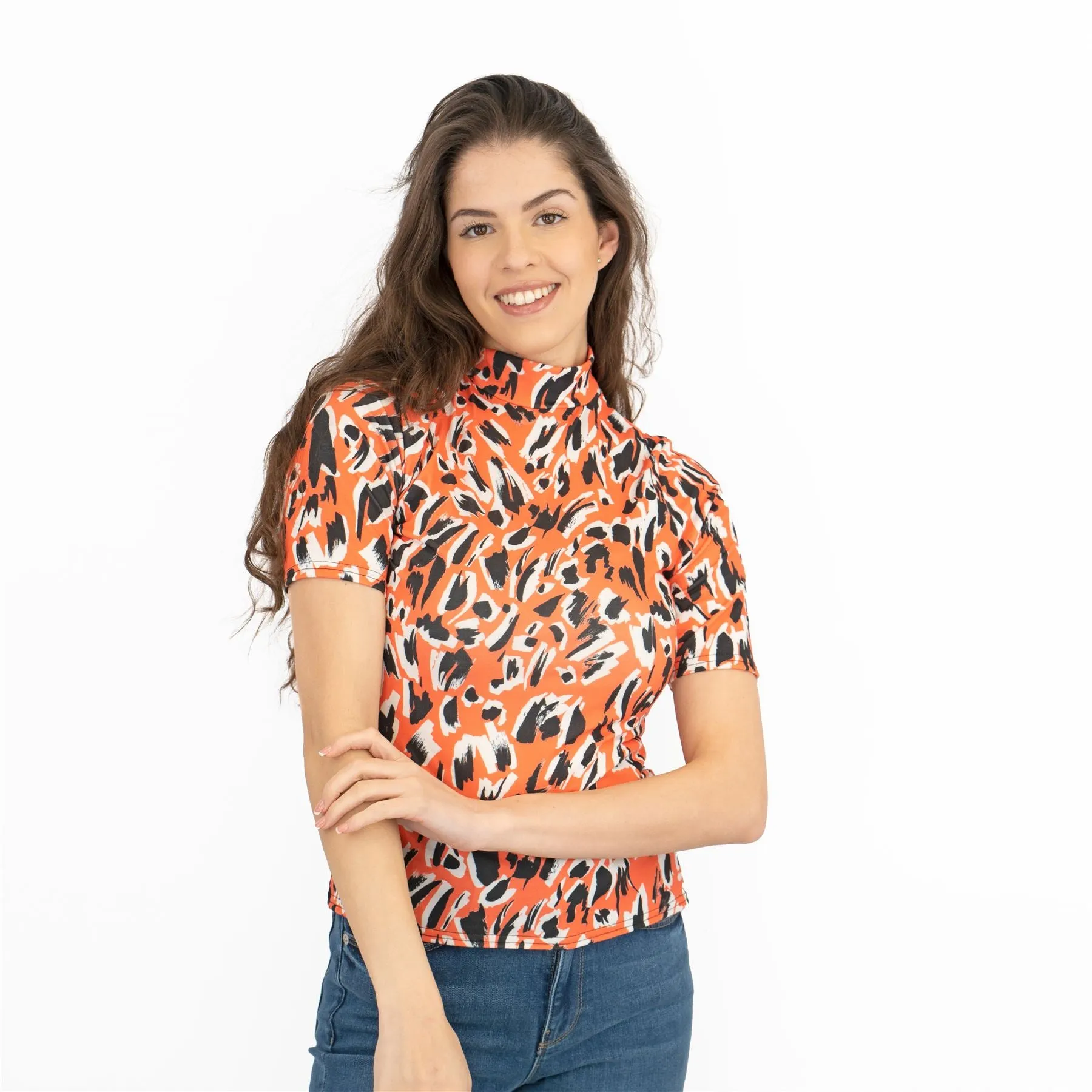 Karen Millen Orange Print Short Sleeve High Neck Tops