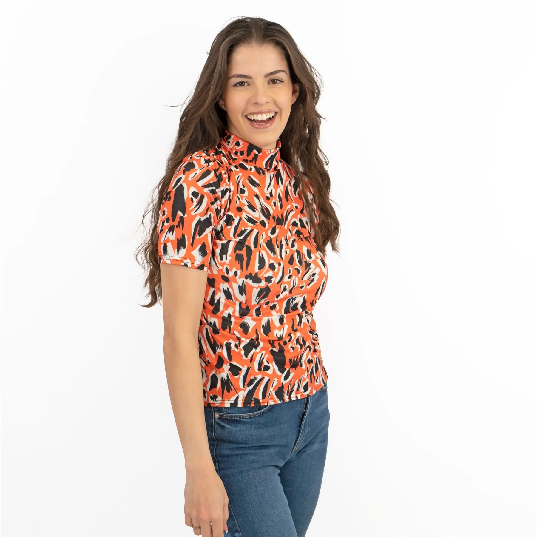 Karen Millen Orange Print Short Sleeve High Neck Tops