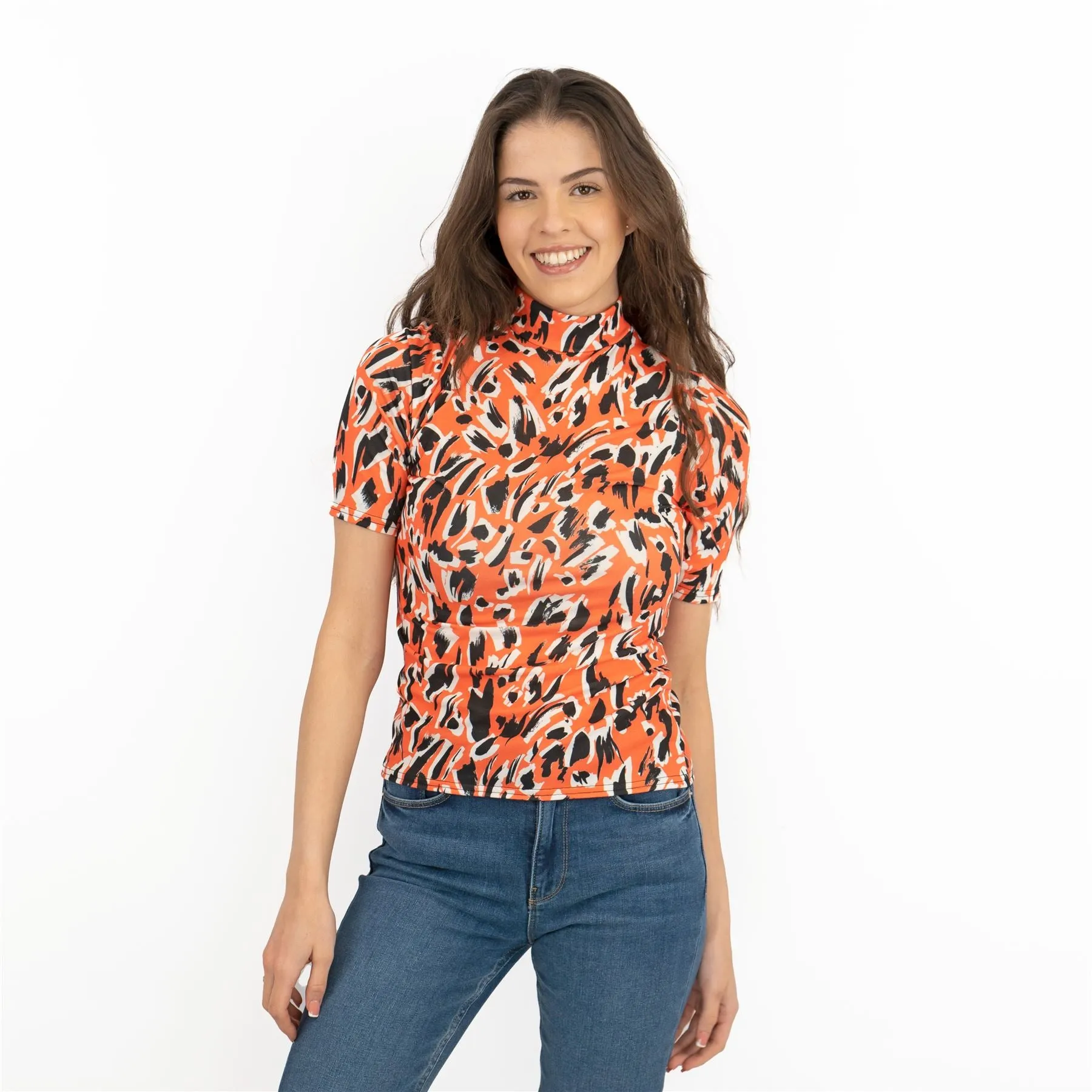 Karen Millen Orange Print Short Sleeve High Neck Tops