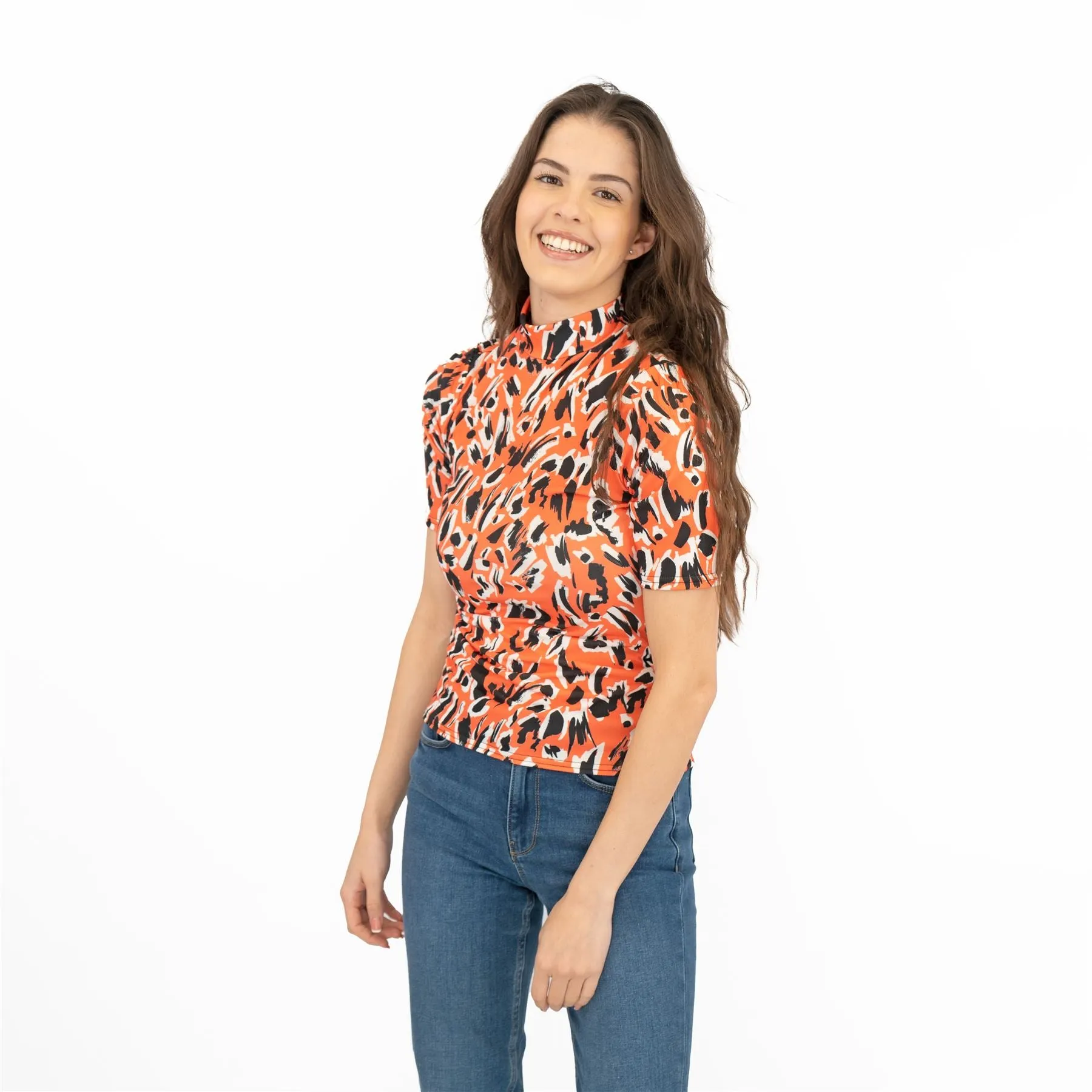 Karen Millen Orange Print Short Sleeve High Neck Tops