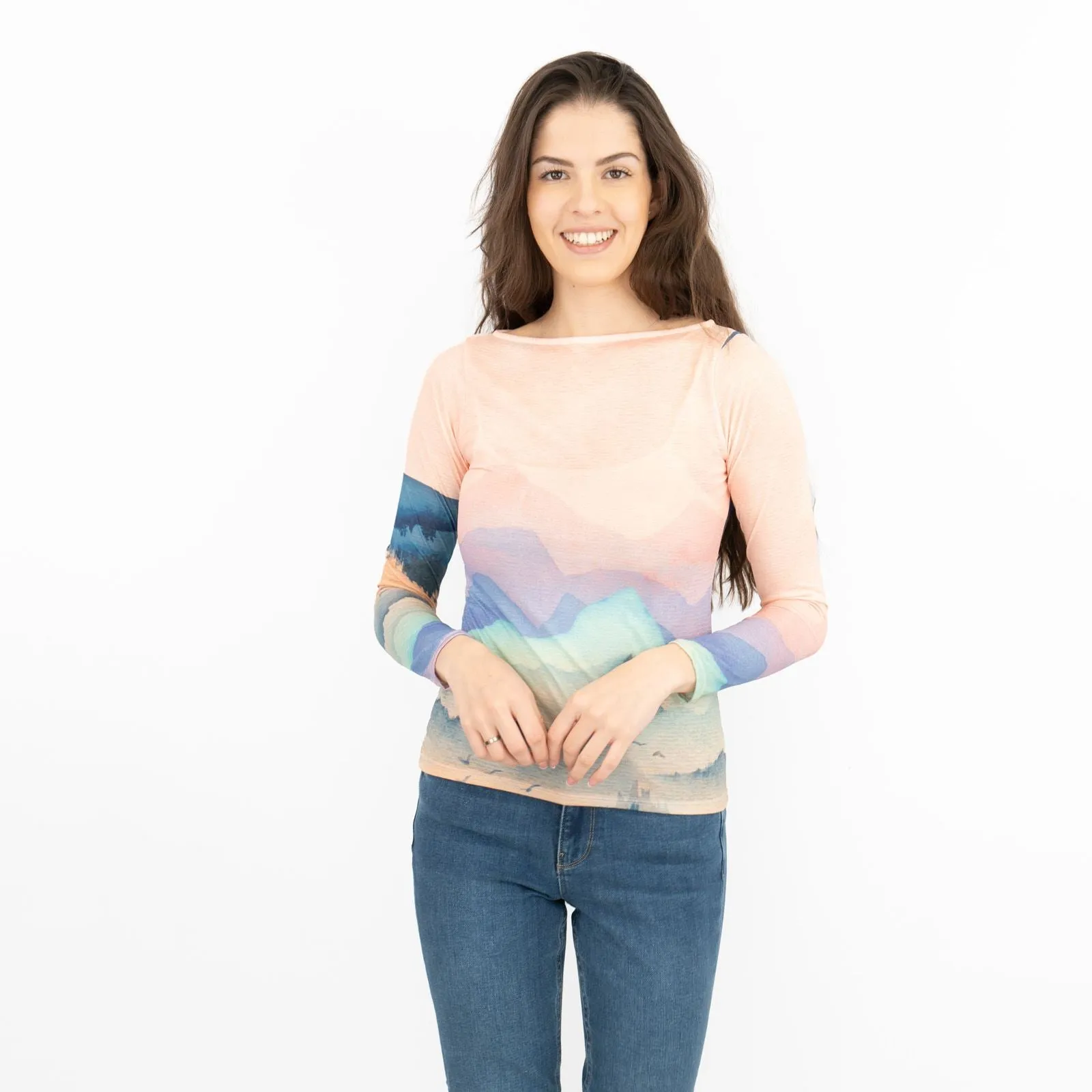 Karen Millen Pink Landscape Boat Neck Long Sleeve Tops