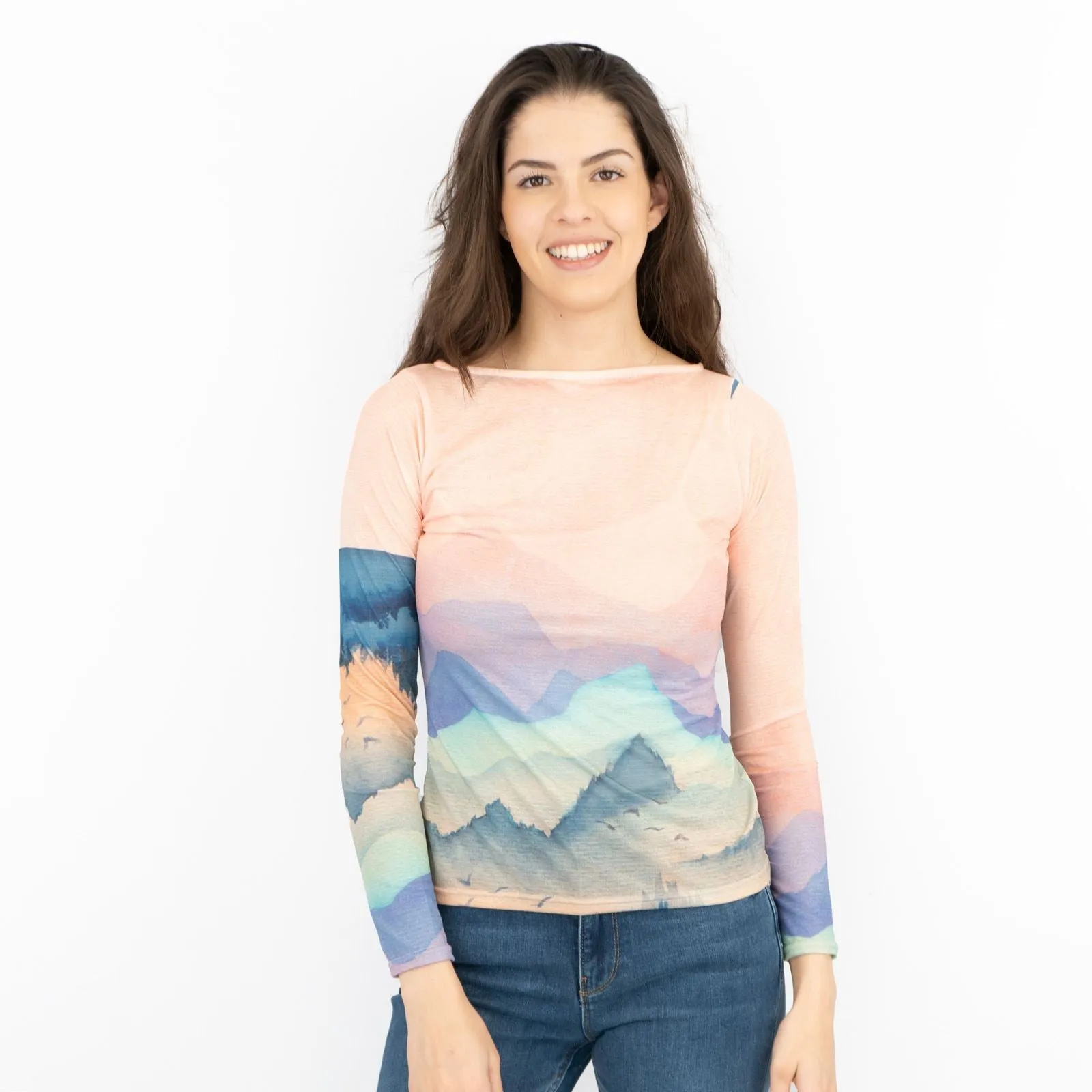 Karen Millen Pink Landscape Boat Neck Long Sleeve Tops