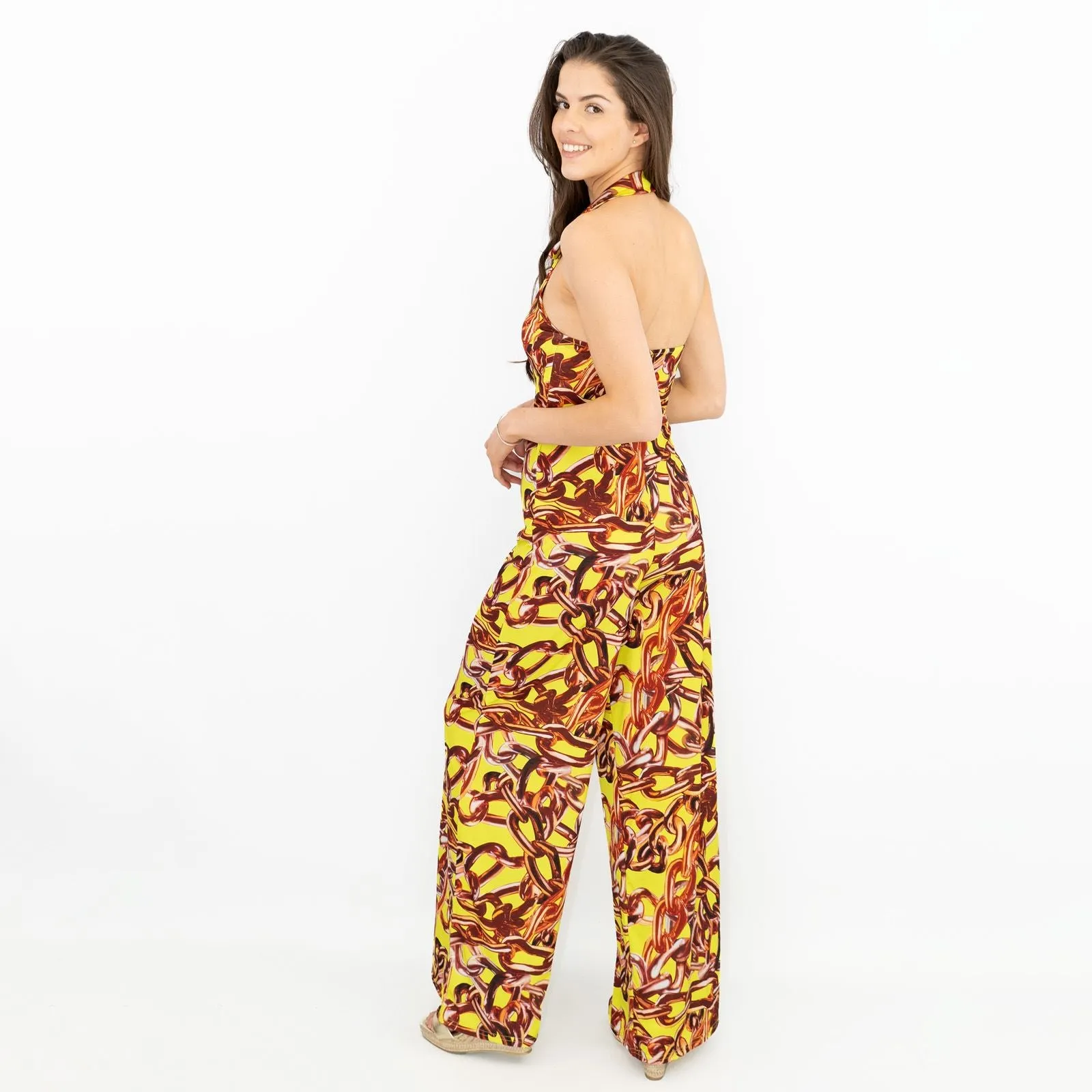 Karen Millen Yellow Gold Chain Print Sleeveless Wide Leg Stretchy Collared Jumpsuits