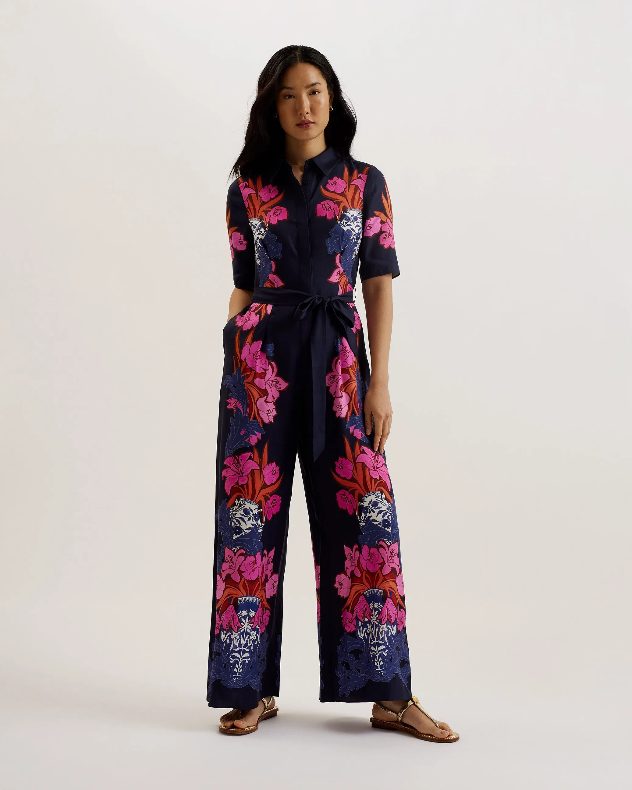 Kimmyko Open Collar Wide Leg Jumpsuit Dk-Blue