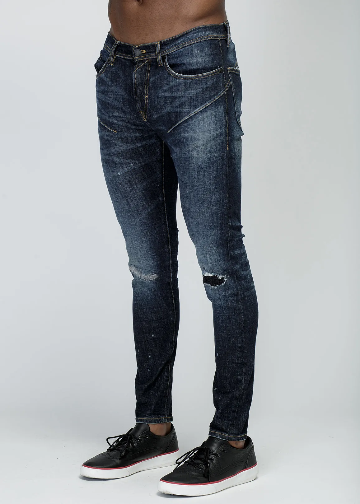 Konus Men's Repair Work Skinny Jeans in Indigo