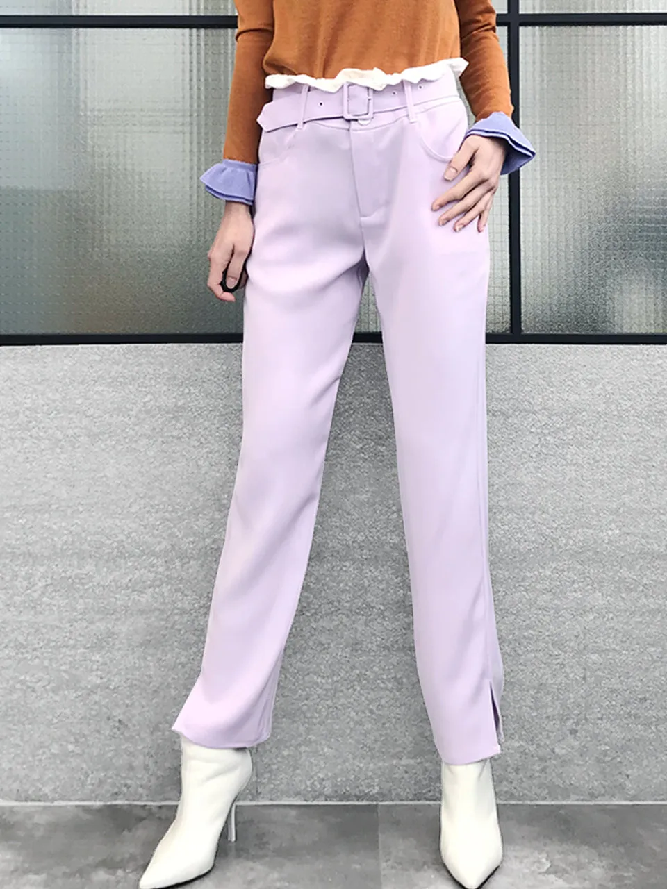 Last Chance! Lilac Ruffle Waist Straight Leg Trousers