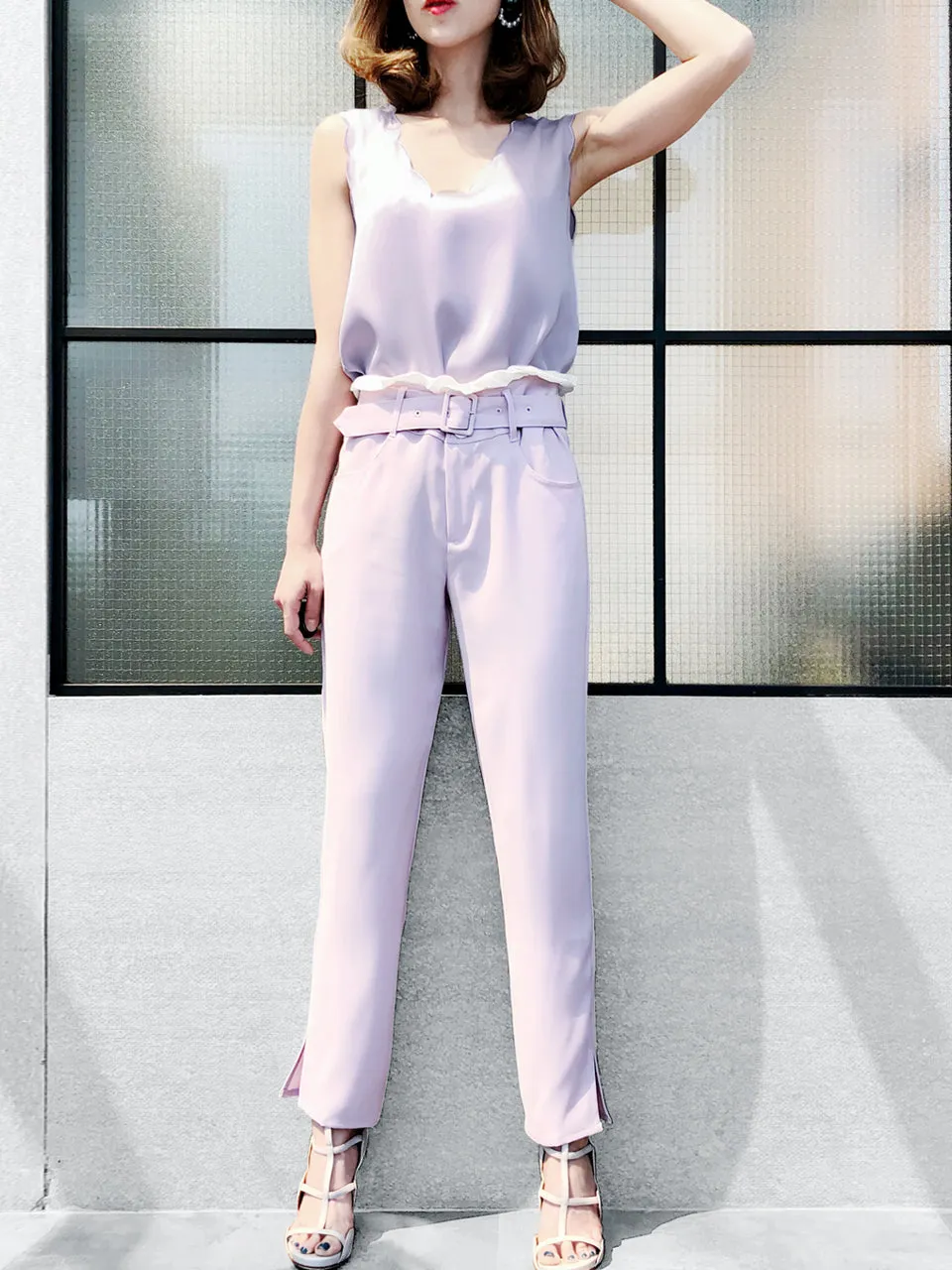 Last Chance! Lilac Ruffle Waist Straight Leg Trousers