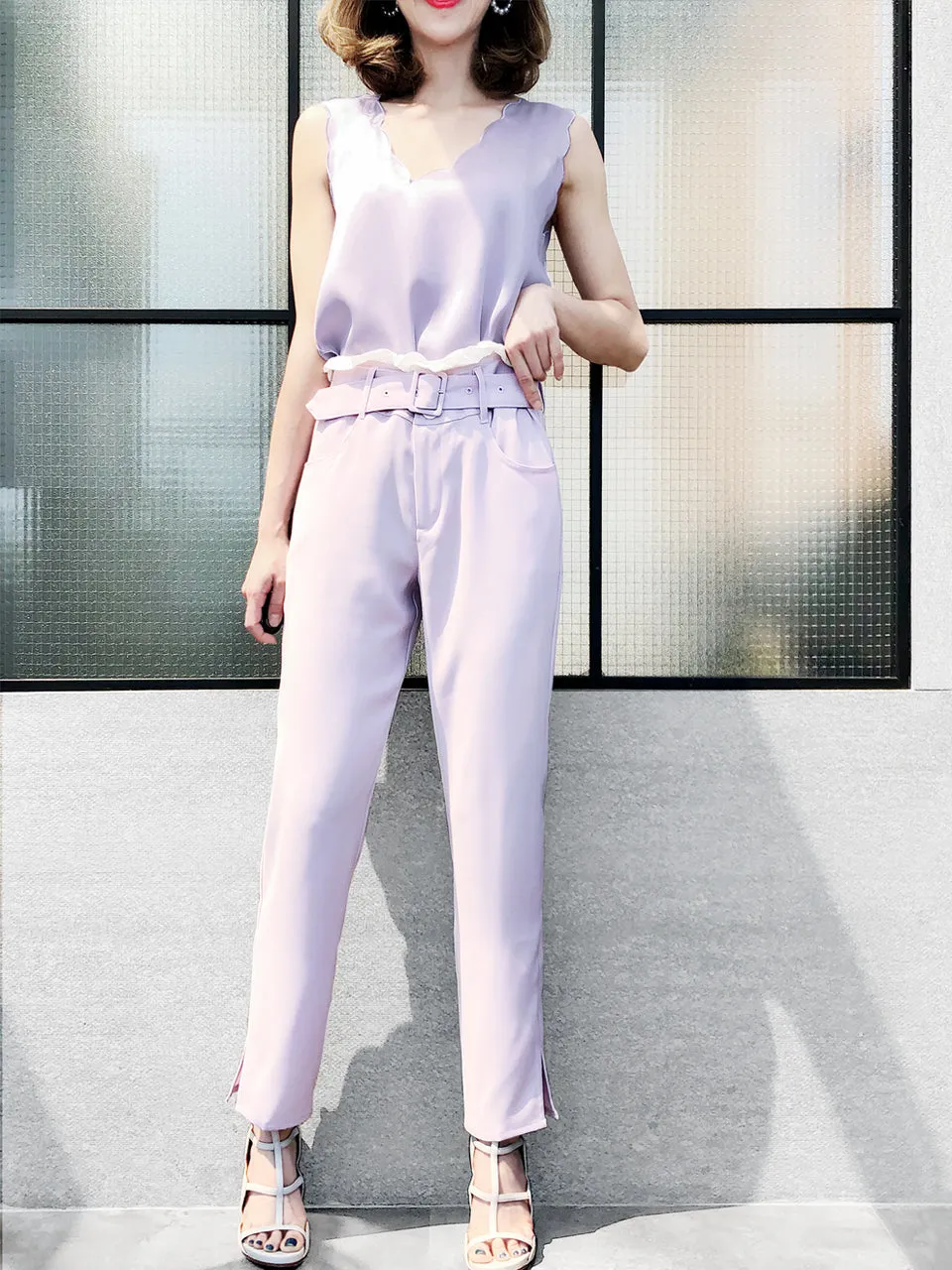 Last Chance! Lilac Ruffle Waist Straight Leg Trousers