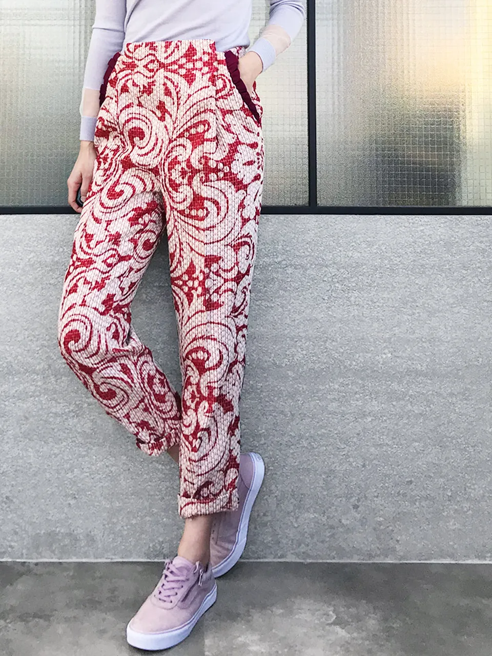 Last Chance! Red Shades Fantasy Jacquard Ruffle Wool Blend Pant