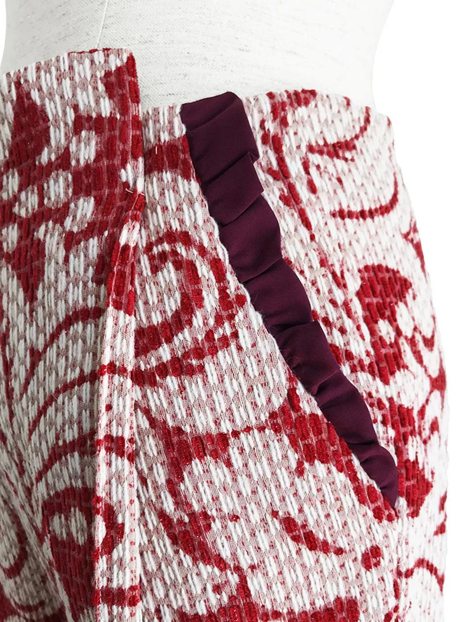 Last Chance! Red Shades Fantasy Jacquard Ruffle Wool Blend Pant