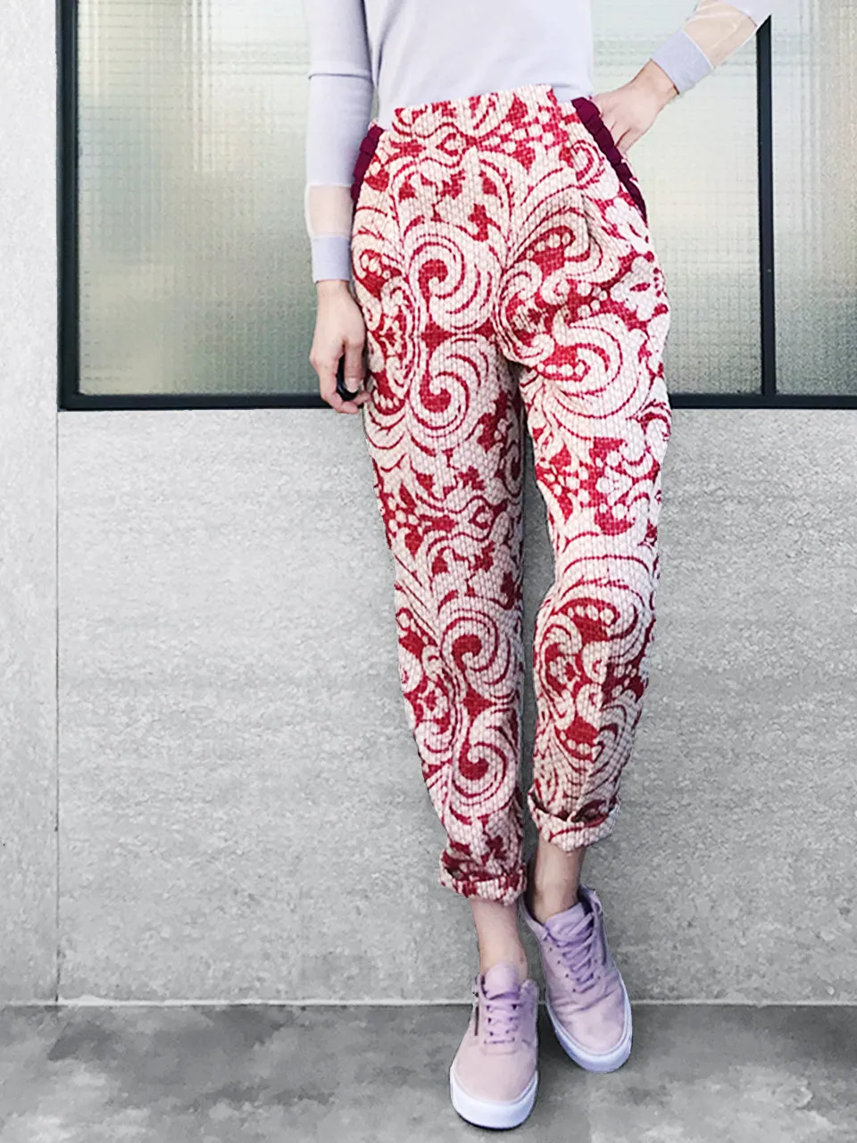 Last Chance! Red Shades Fantasy Jacquard Ruffle Wool Blend Pant