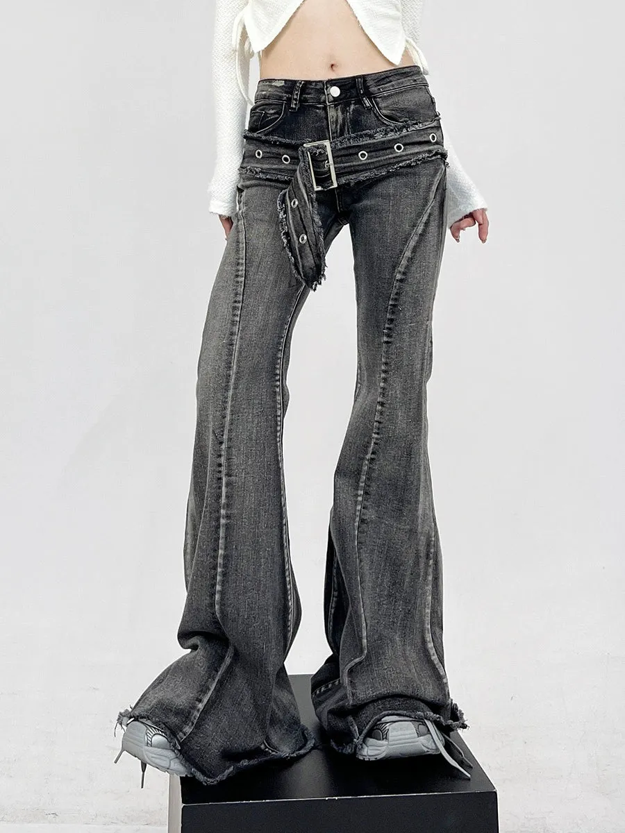 Layered-Effect Denim Flare-Leg Jeans with Grommet Belt Detail