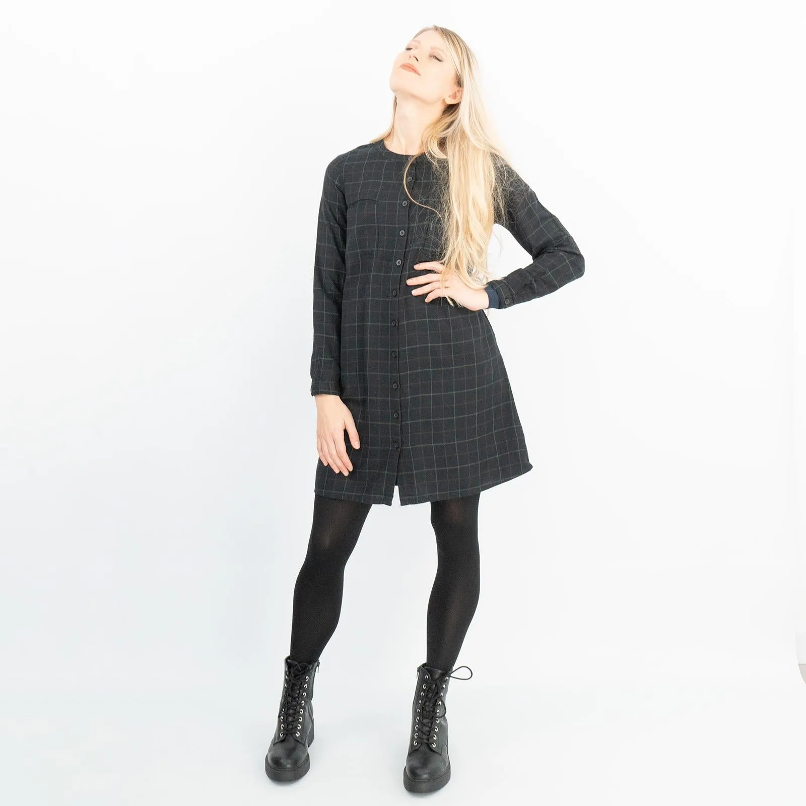 Long Sleeve Black Check Tunic Loose Longline Tops