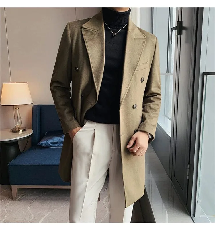 Luxury Stylish Men's High Quality Double-Breasted Woolen Slim Fit Long Business Suit Jacket