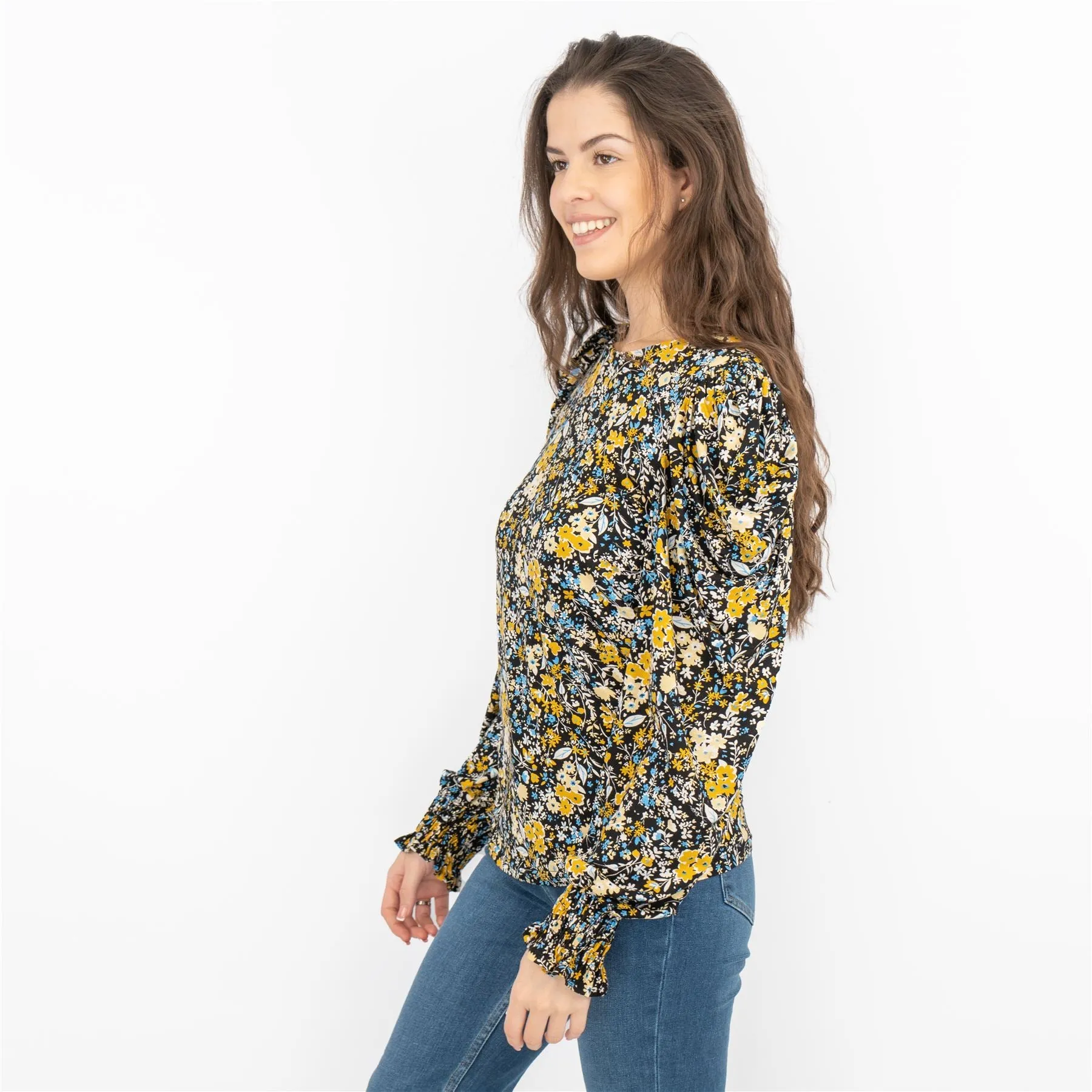 M&Co Black Floral Tops Long Sleeve Round Neck Elasticated Cuffs