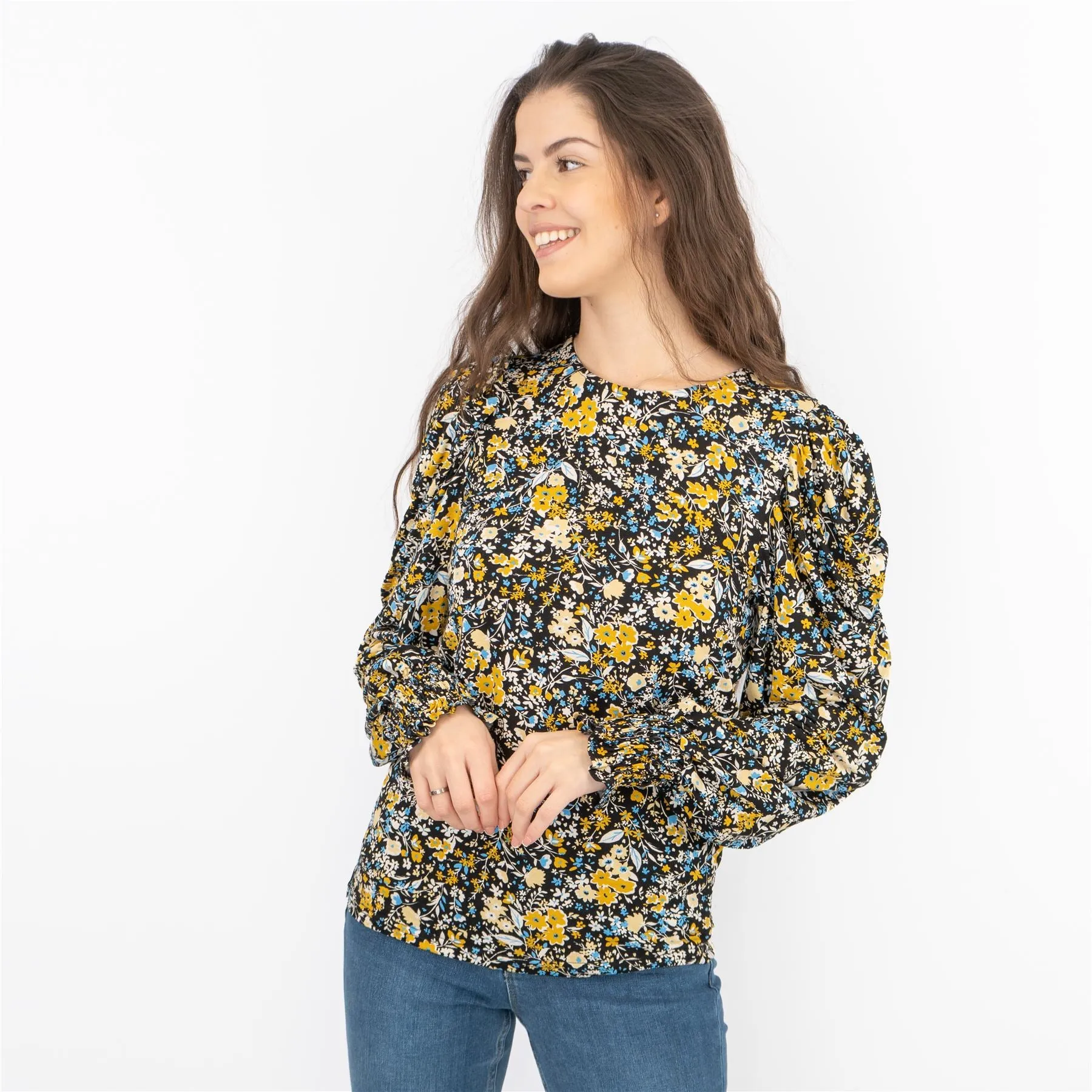 M&Co Black Floral Tops Long Sleeve Round Neck Elasticated Cuffs