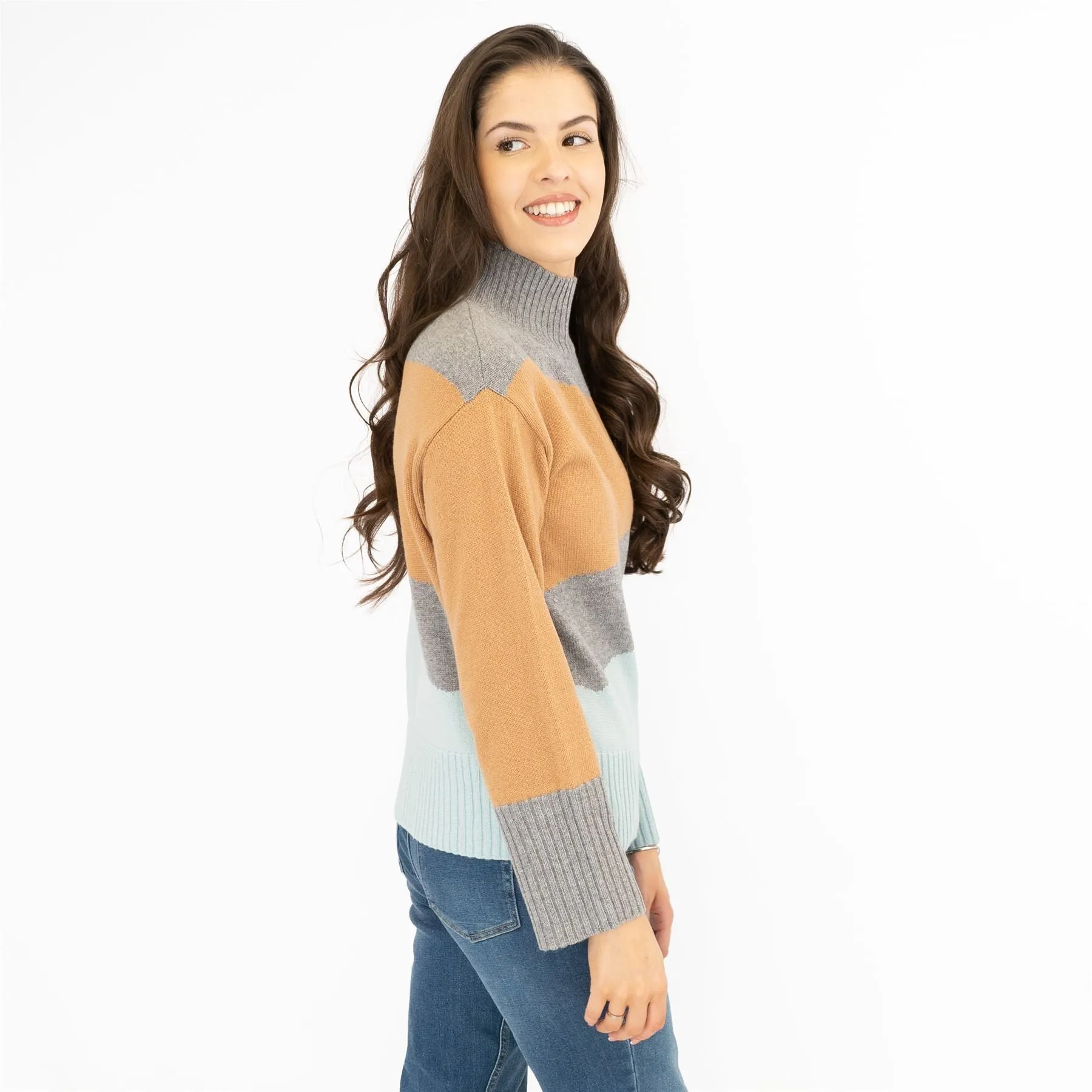 M&S Colour Block Grey Funnel Neck Wool Blend Jumper