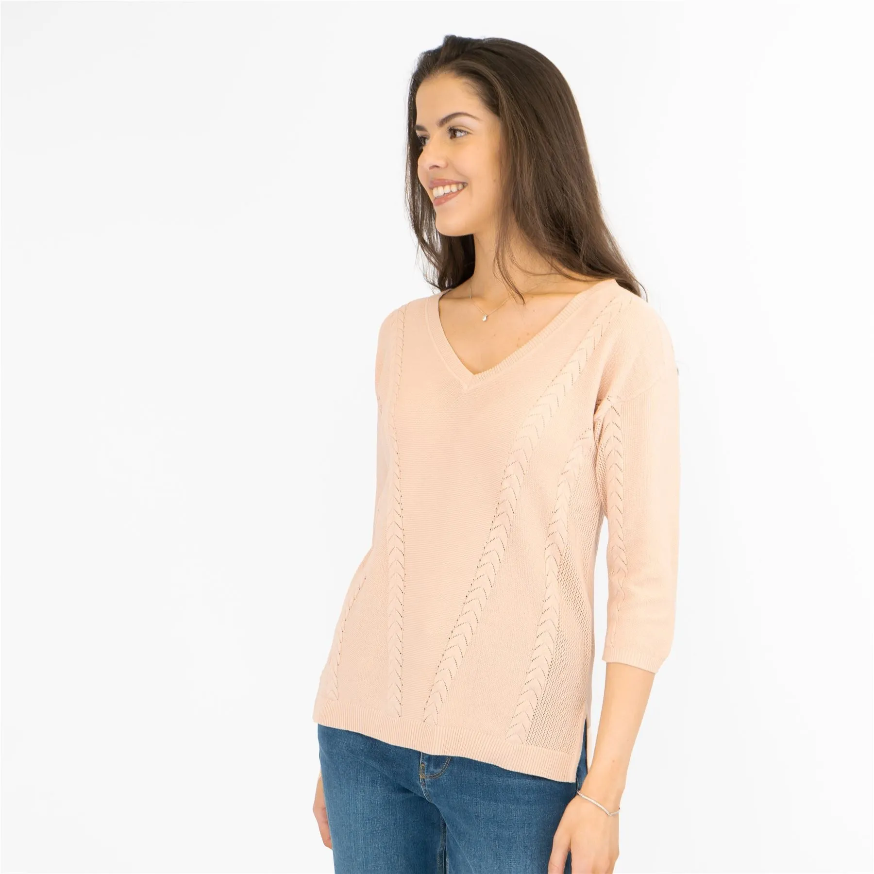 M&S Per Una Pink V-Neck Textured Fine Knit Cotton Mix 3/4 Sleeve Jumper