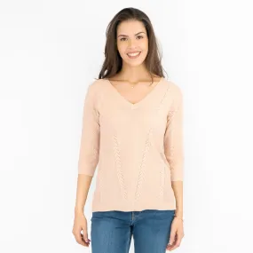 M&S Per Una Pink V-Neck Textured Fine Knit Cotton Mix 3/4 Sleeve Jumper