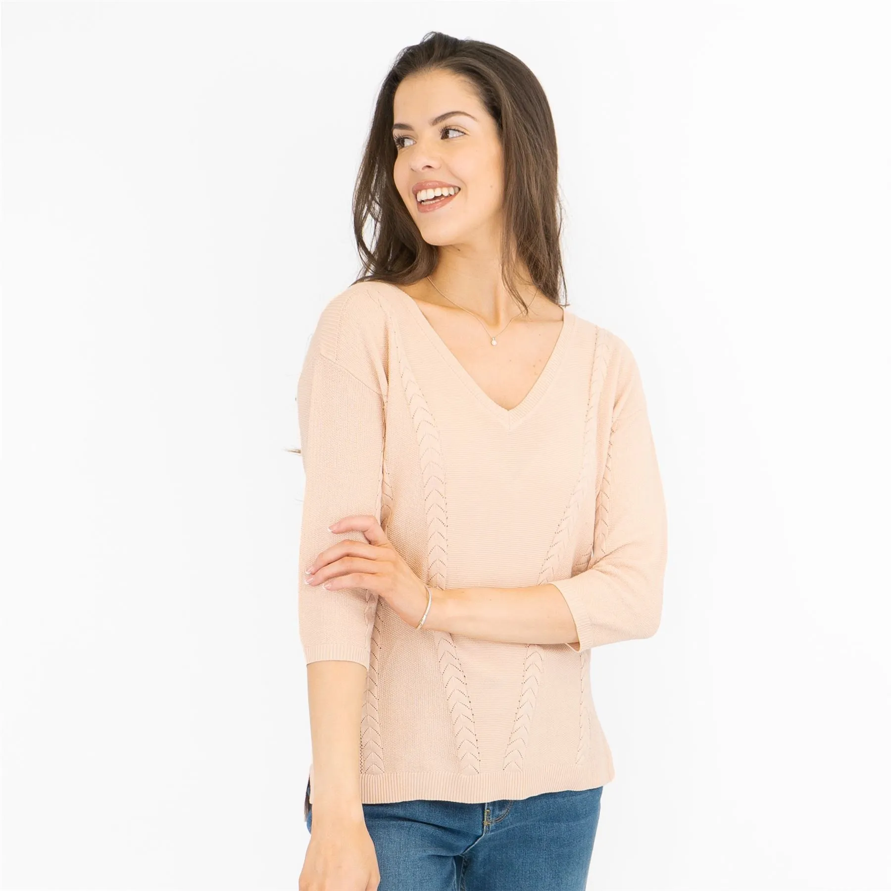 M&S Per Una Pink V-Neck Textured Fine Knit Cotton Mix 3/4 Sleeve Jumper