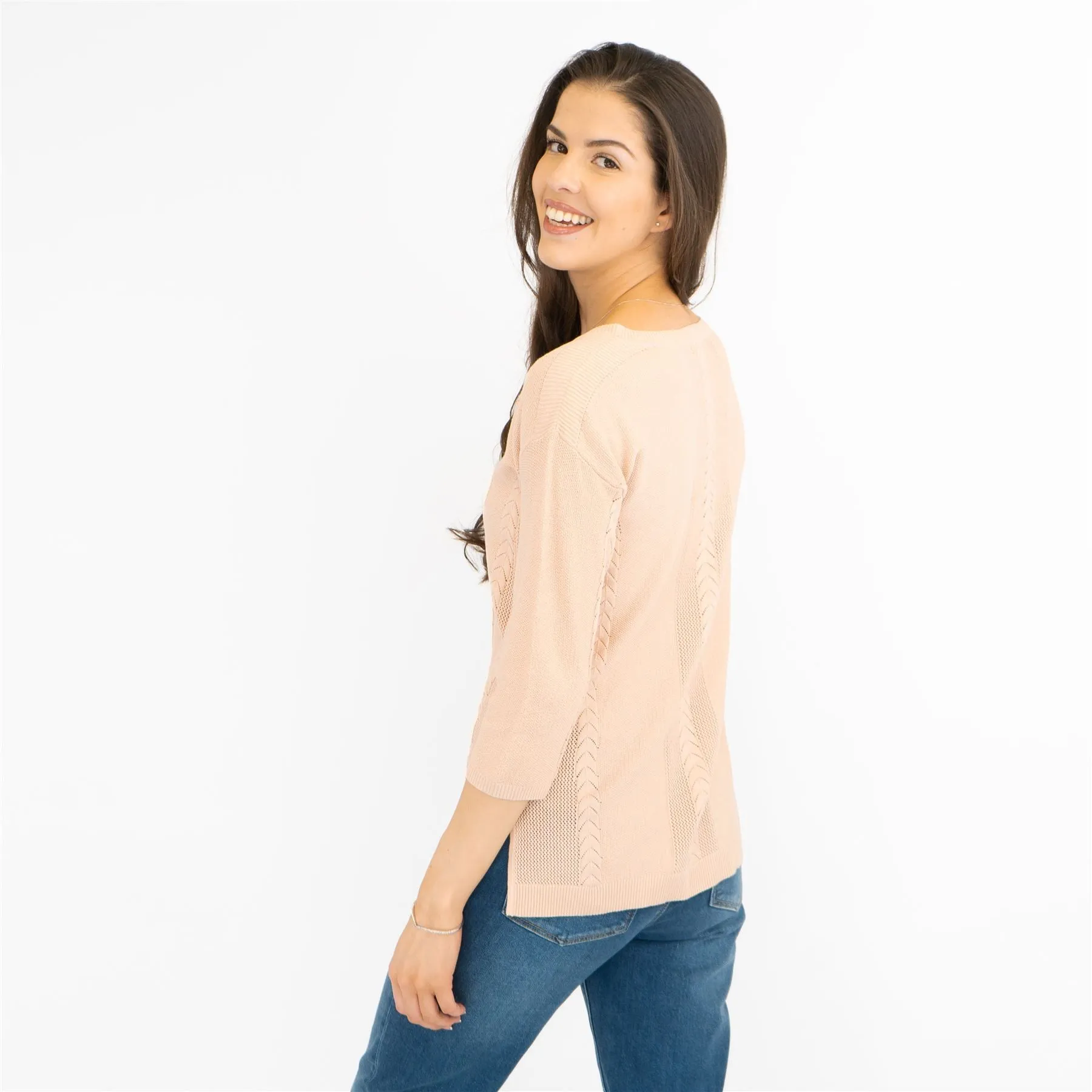 M&S Per Una Pink V-Neck Textured Fine Knit Cotton Mix 3/4 Sleeve Jumper