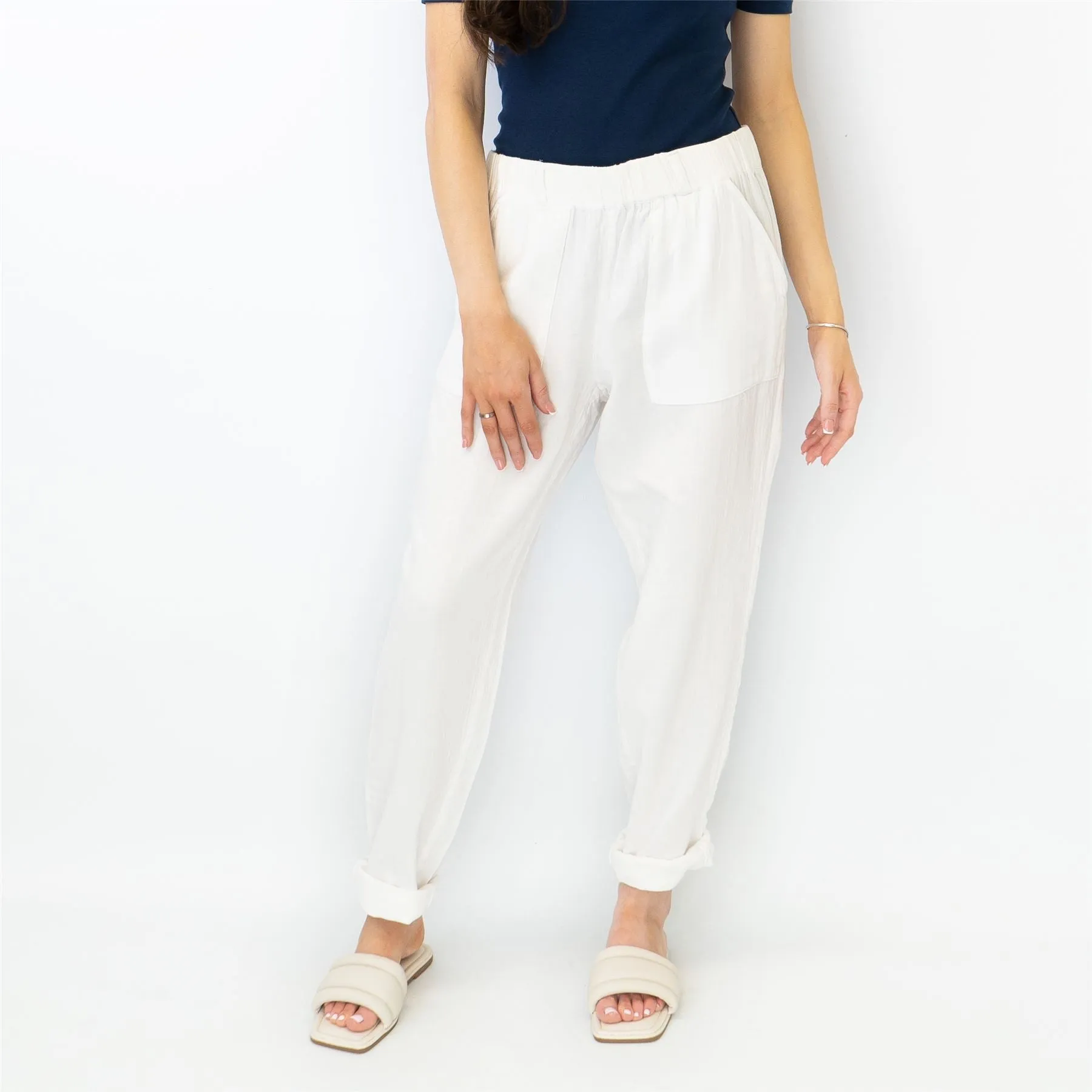 M&S Pure Cotton Tapered Ankle Grazer Elasticated Waist White Trousers