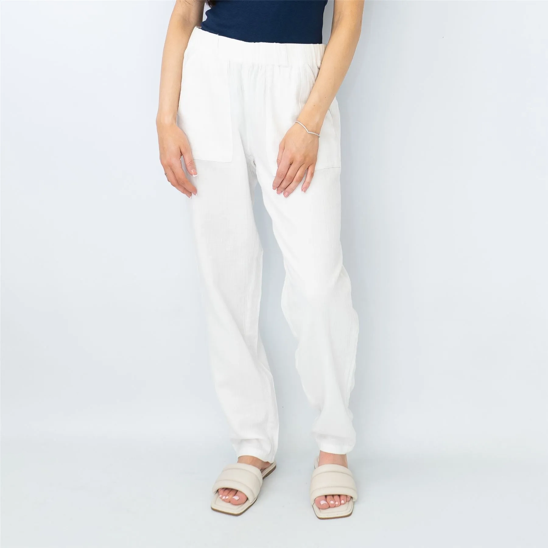 M&S Pure Cotton Tapered Ankle Grazer Elasticated Waist White Trousers