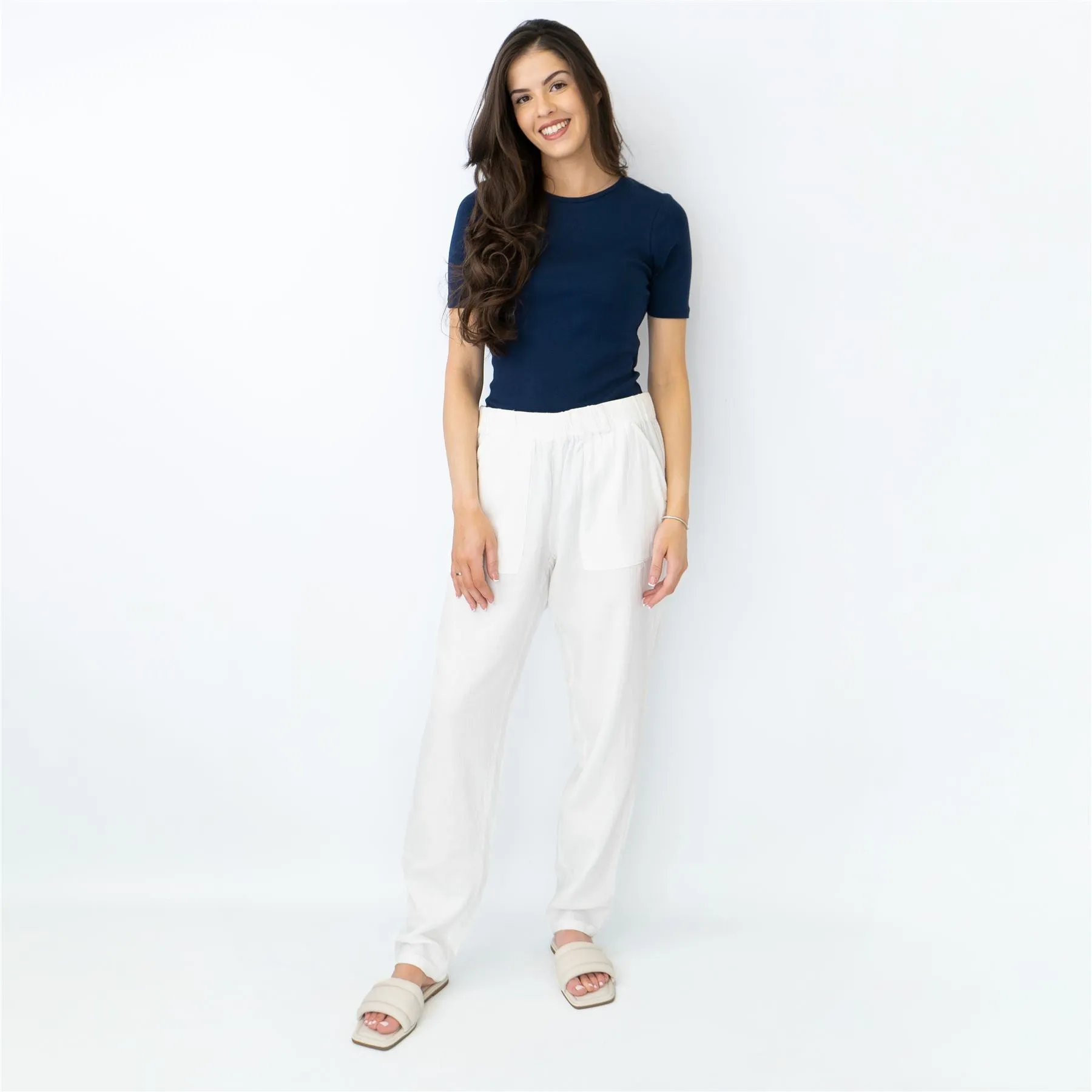 M&S Pure Cotton Tapered Ankle Grazer Elasticated Waist White Trousers