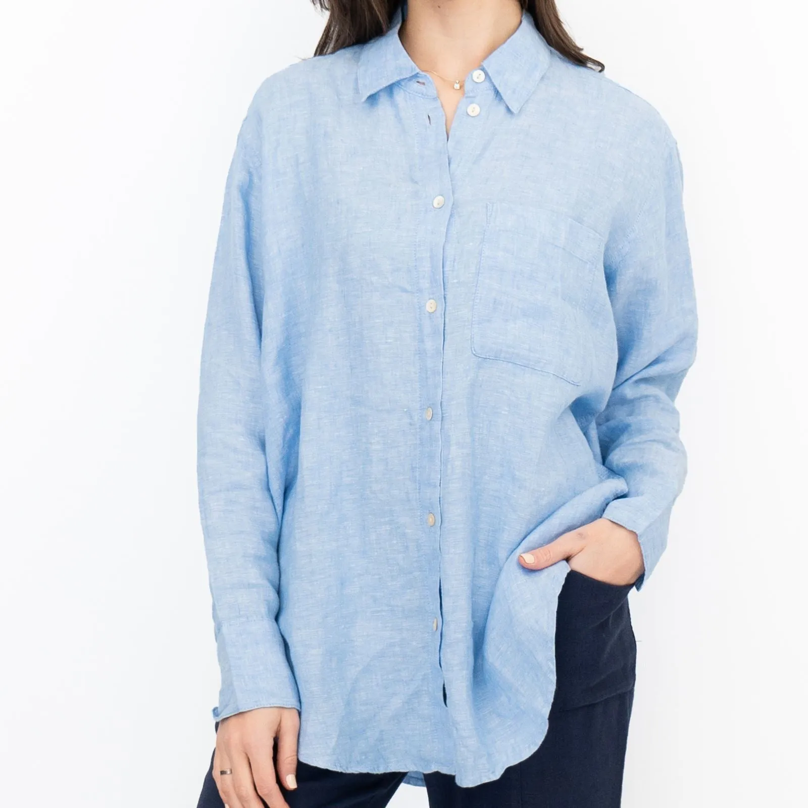 M&S Womens Denim Blue Pure Linen Collared Blouse