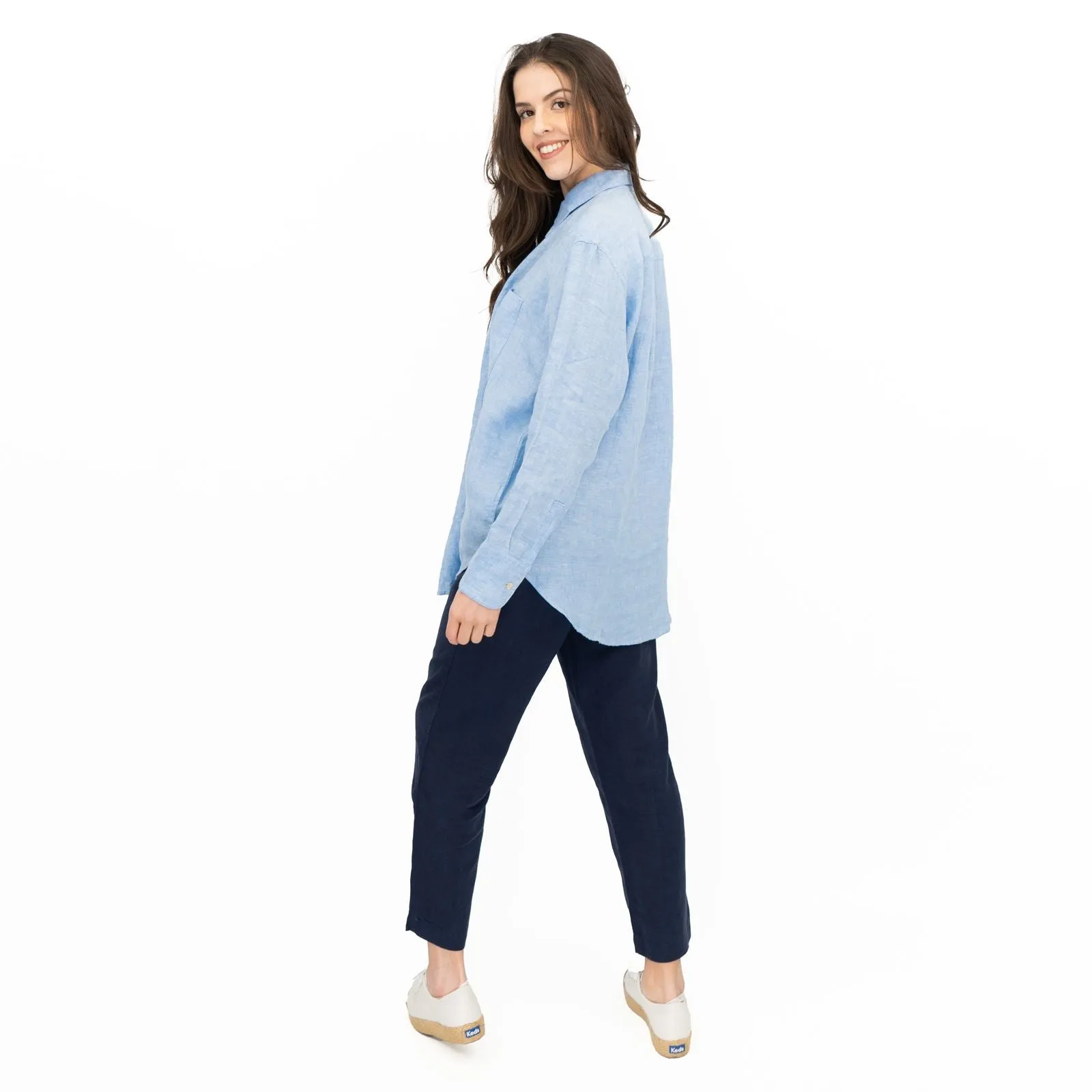 M&S Womens Denim Blue Pure Linen Collared Blouse