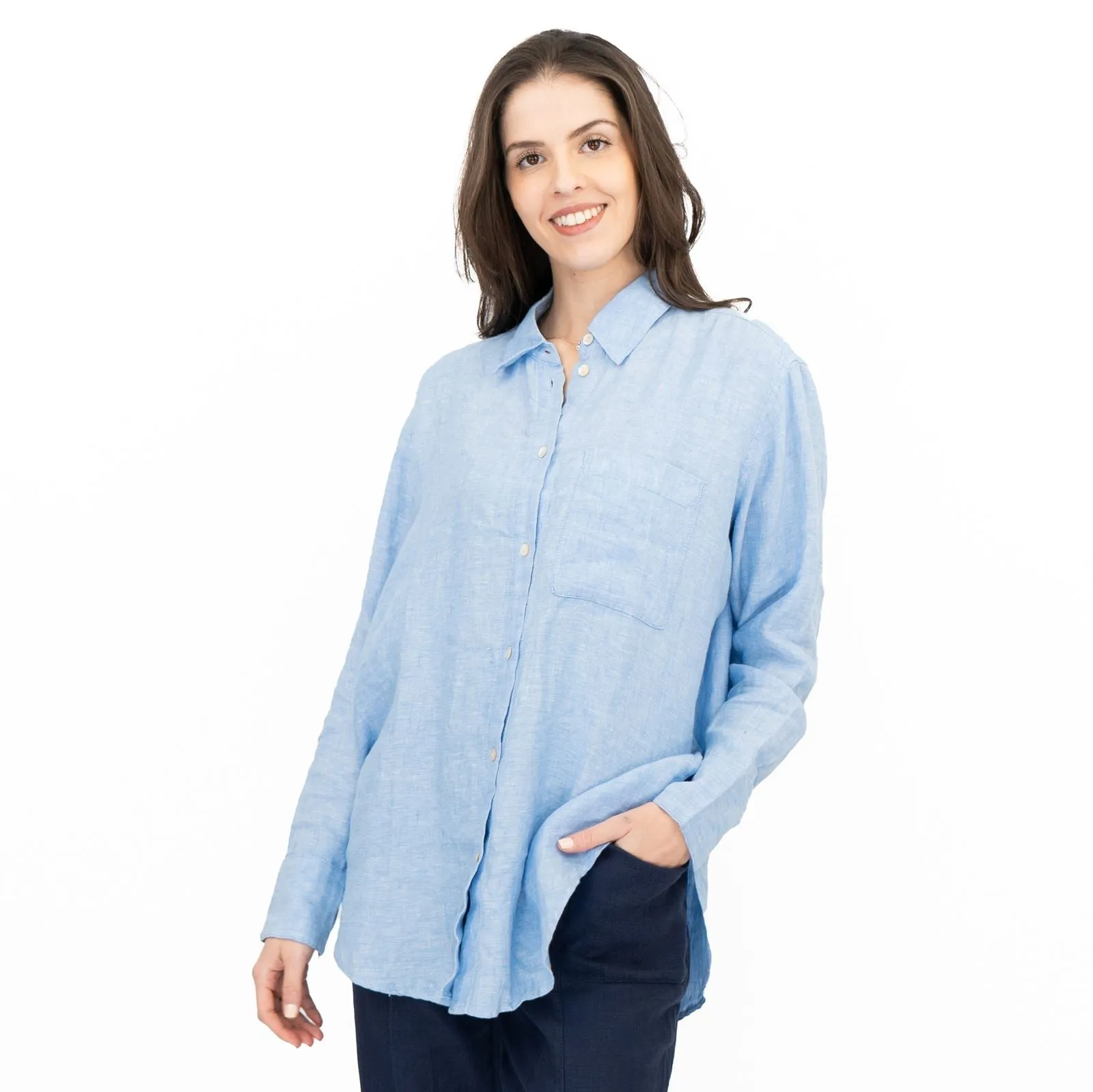 M&S Womens Denim Blue Pure Linen Collared Blouse